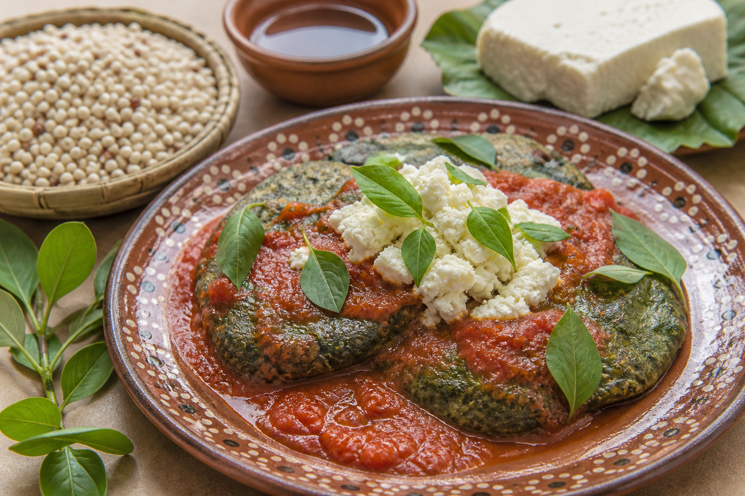 Tortitas salvadoreñas de maicillo y chipilín con queso fresco y salsa tibia de tomate riñón