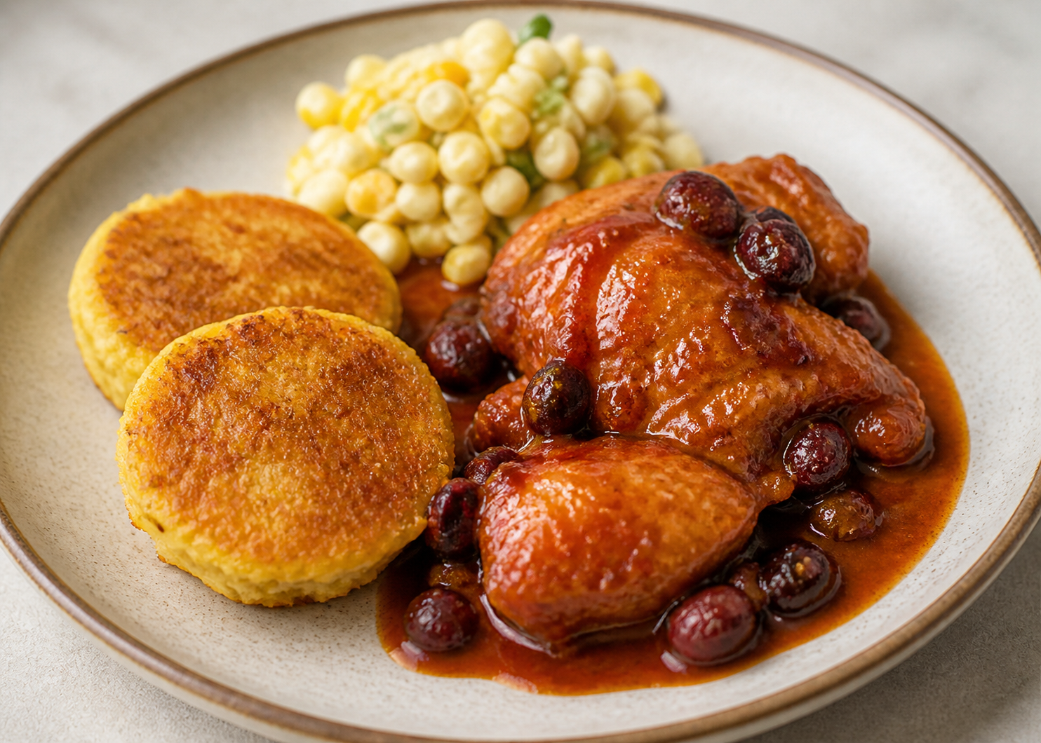 Highland chicken in capulí and mild chili sauce with melloco cakes and warm corn salad