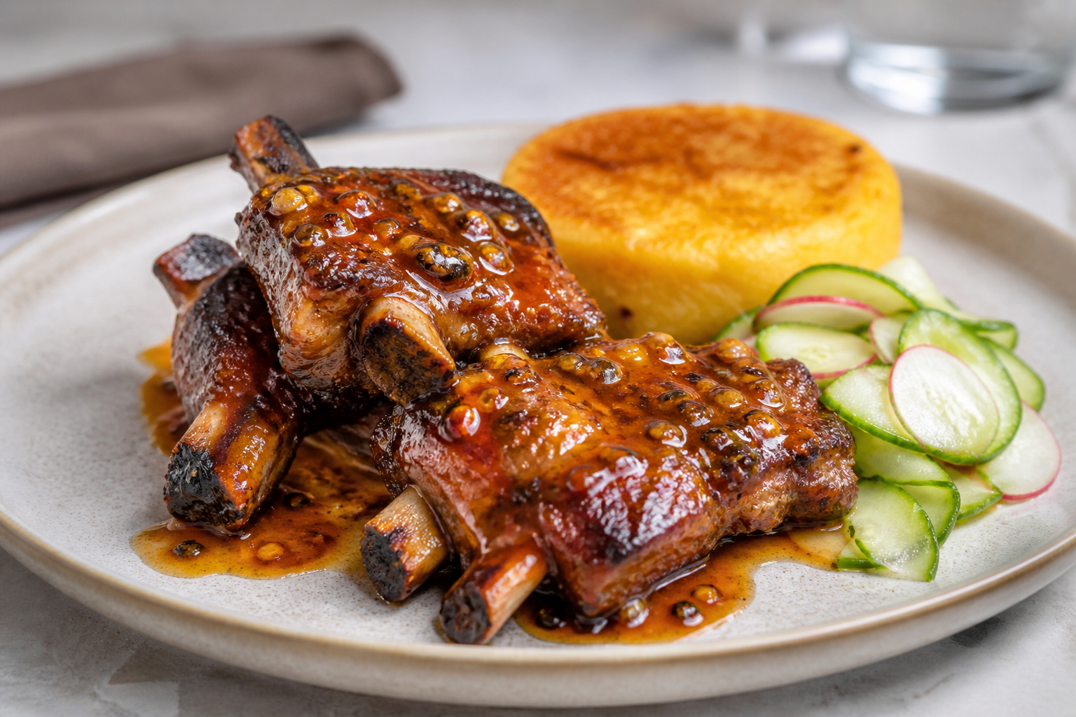 Costillas de Res al Ají de Maracuyá con Torta Suave de Yuca y Ensalada de Pepino y Rábano