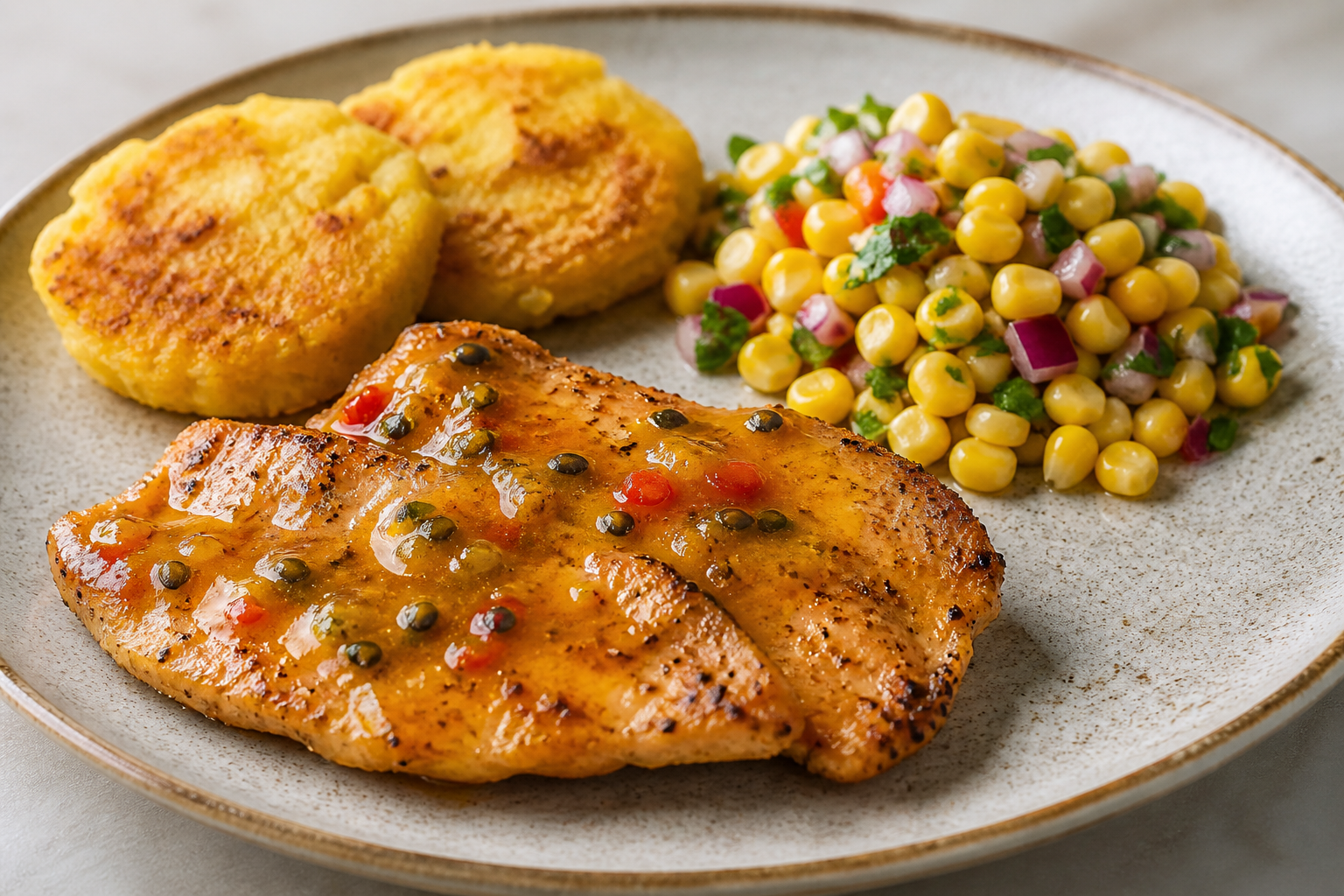 Pechuga de Pavo al Ají de Maracuyá con Tortitas de Yuca y Ensalada Tibia de Choclo