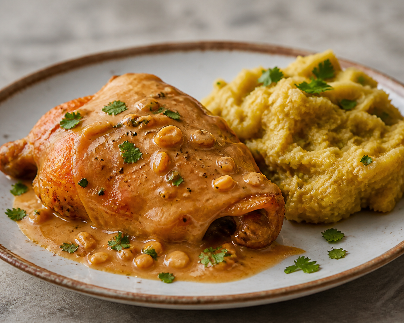 Gallina Criolla en Salsa de Mandarina y Maní con Tigrillo Suave de Verde y Hierbas