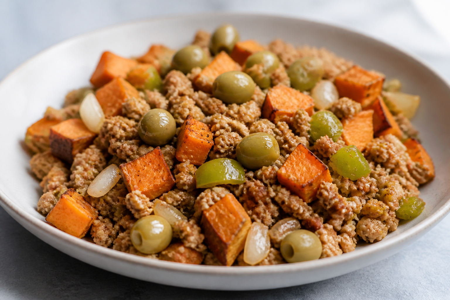 Cuban Turkey Picadillo with Roasted Sweet Potato and Cumin Olives