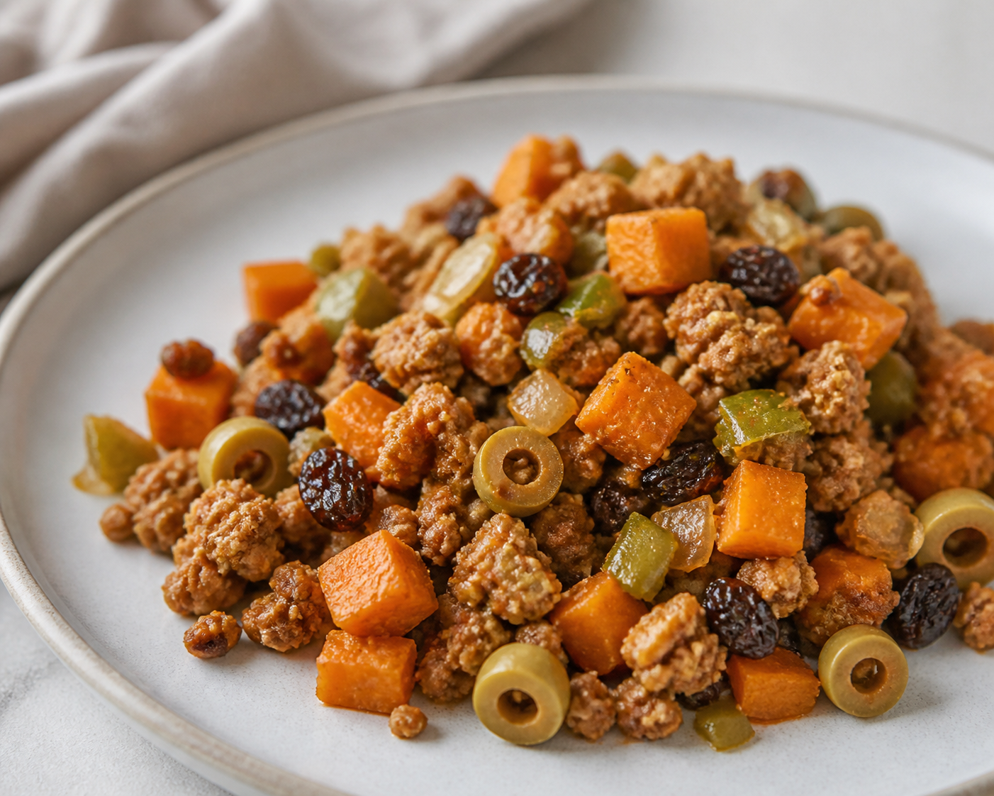 Picadillo Cubano de Pavo con Aceitunas, Pasas y Boniato al Ajo