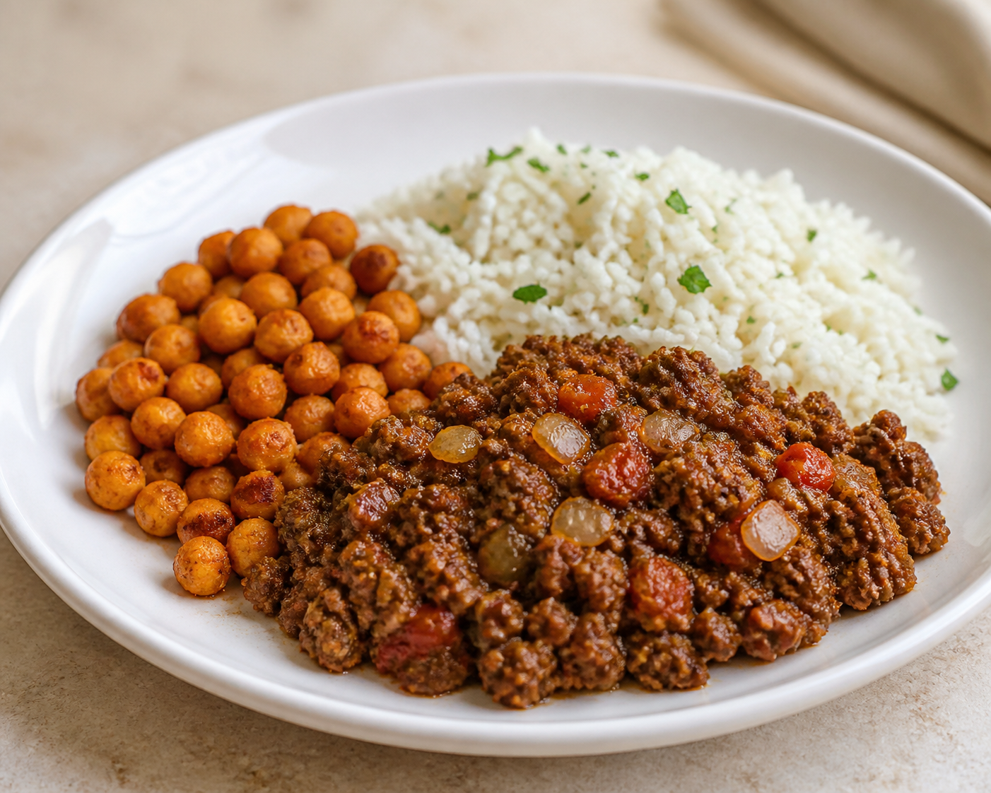 Picadillo Habanero de Res con Garbanzos Crujientes y Arroz de Hierbas
