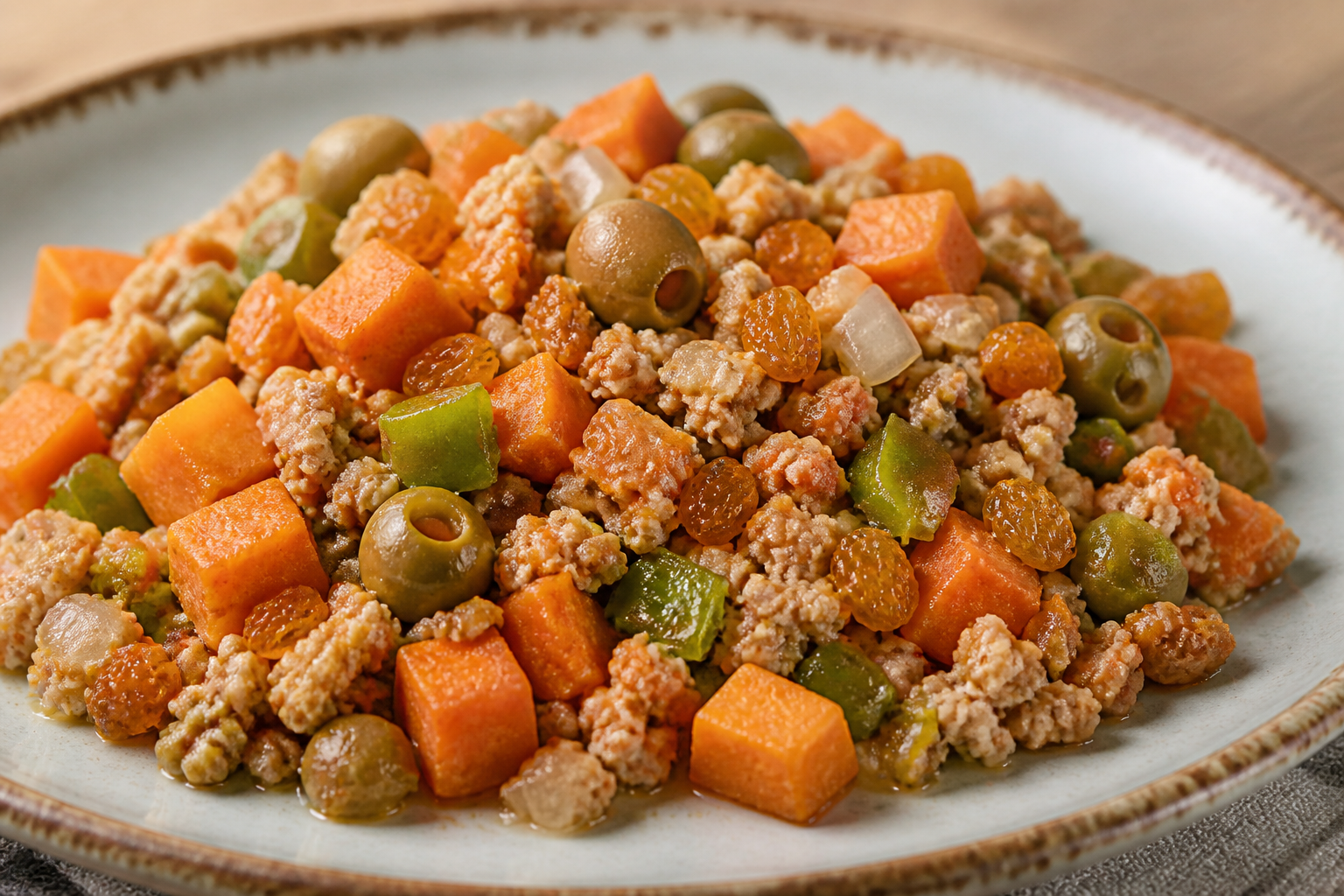Picadillo Cubano de Pavo con Aceitunas, Pasas Doradas y Boniato al Ajo
