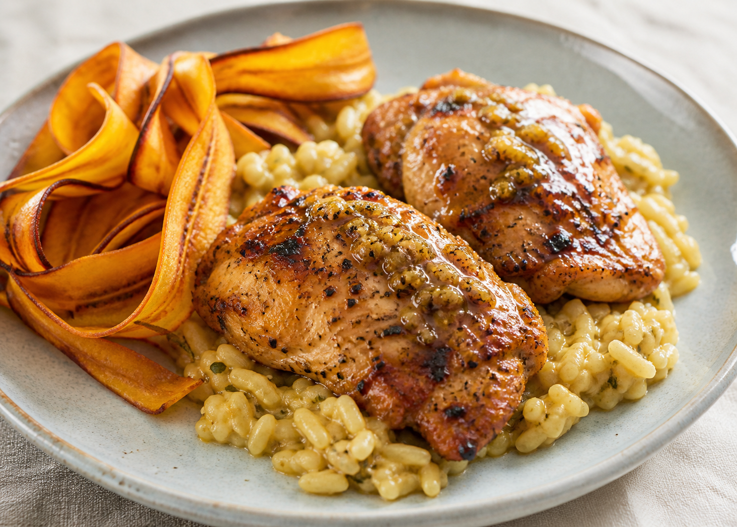 Creamy Breadfruit Rice with Roasted Garlic Sofrito Chicken and Sweet Plantain Ribbons