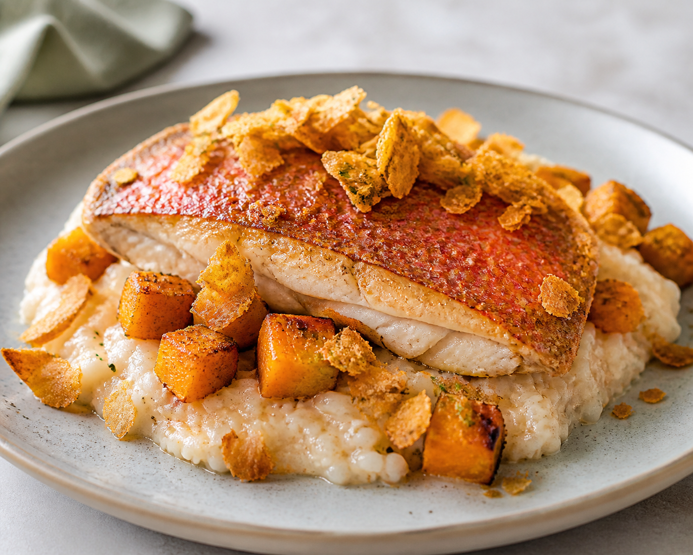 Creamy Coconut Rice with Red Snapper, Roasted Squash, and Garlicky Tostón Crunch