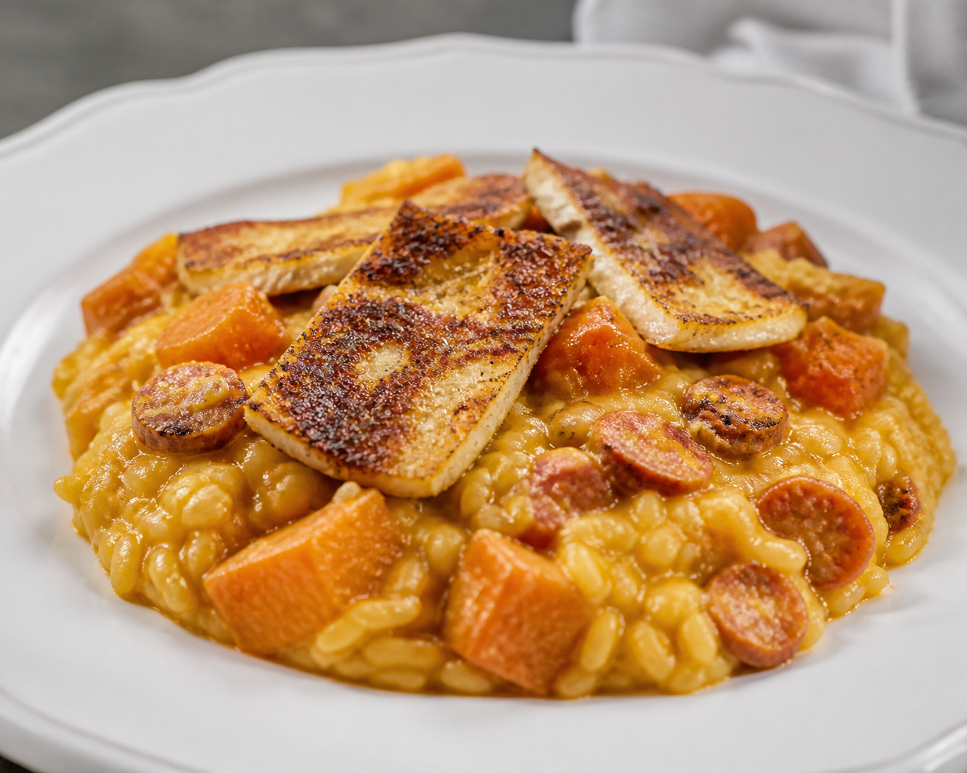 Puerto Rican Creamy Rice with Chorizo, Pumpkin, and Fried Cheese with Sofrito Crust