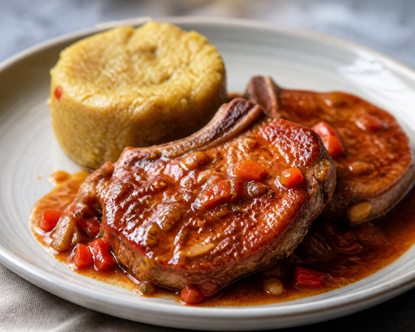 Pork Chops in Tamarind and Sweet Pepper Criollo Sauce with Soft Yuca Mofongo