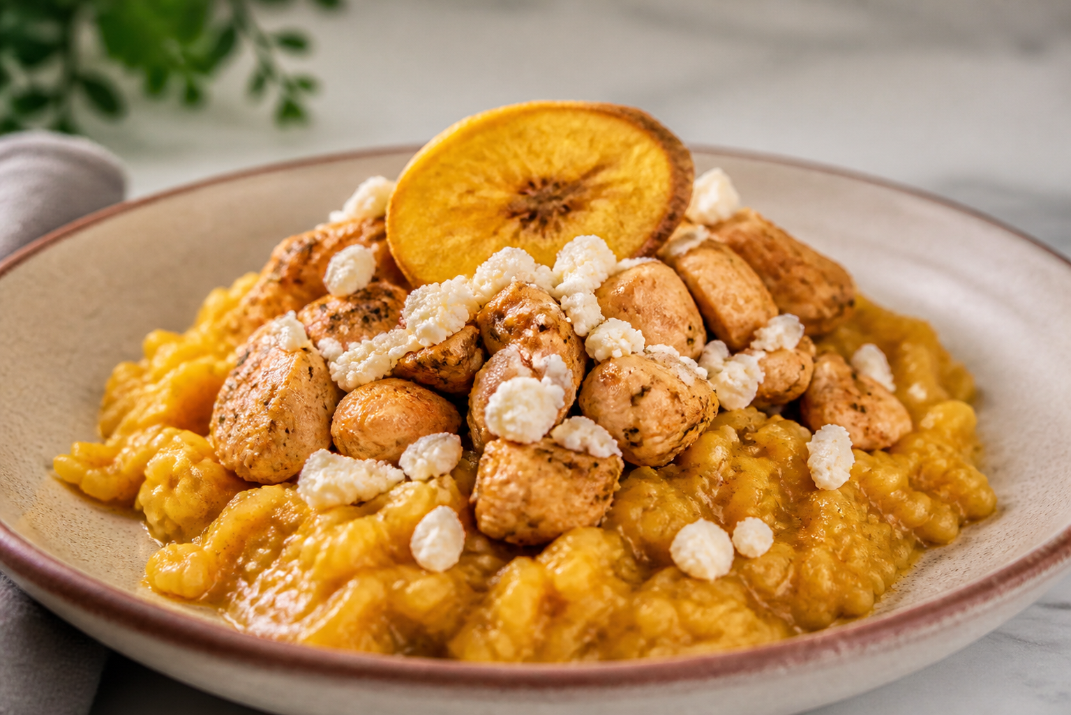 Creamy Pumpkin Rice with Adobo Chicken, White Cheese, and Sweet Plantain Crisp