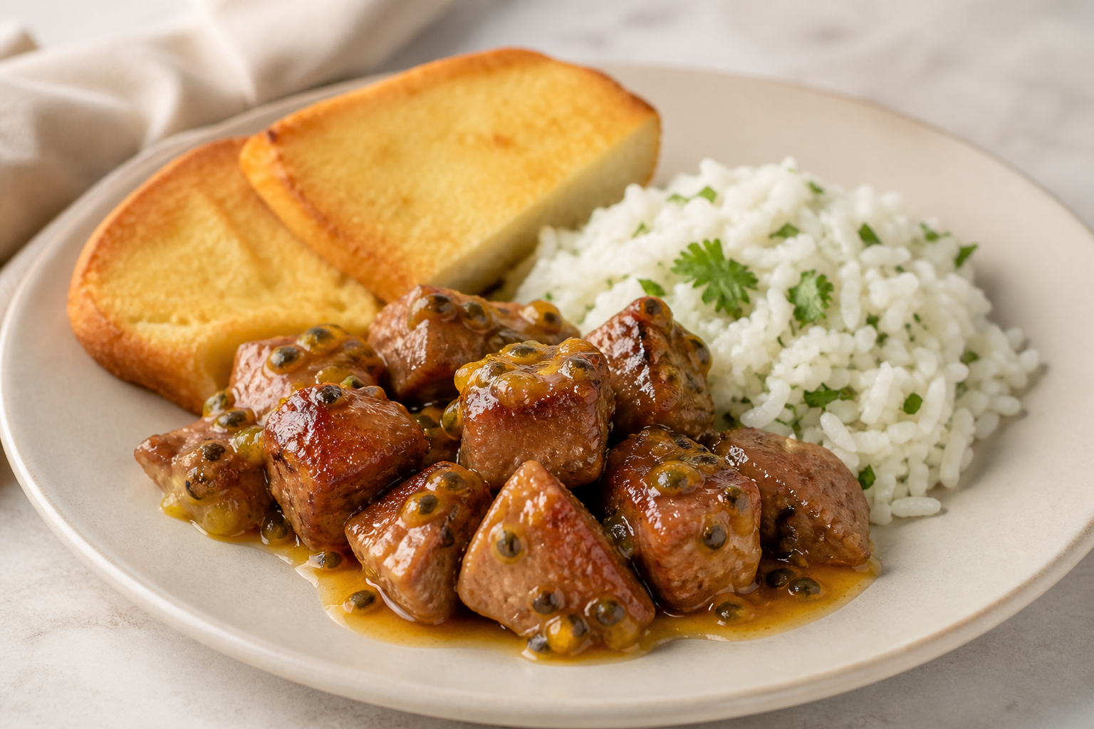 Pernil Dominicano Glaseado de Chinola y Casabe con Arroz de Coco al Cilantro