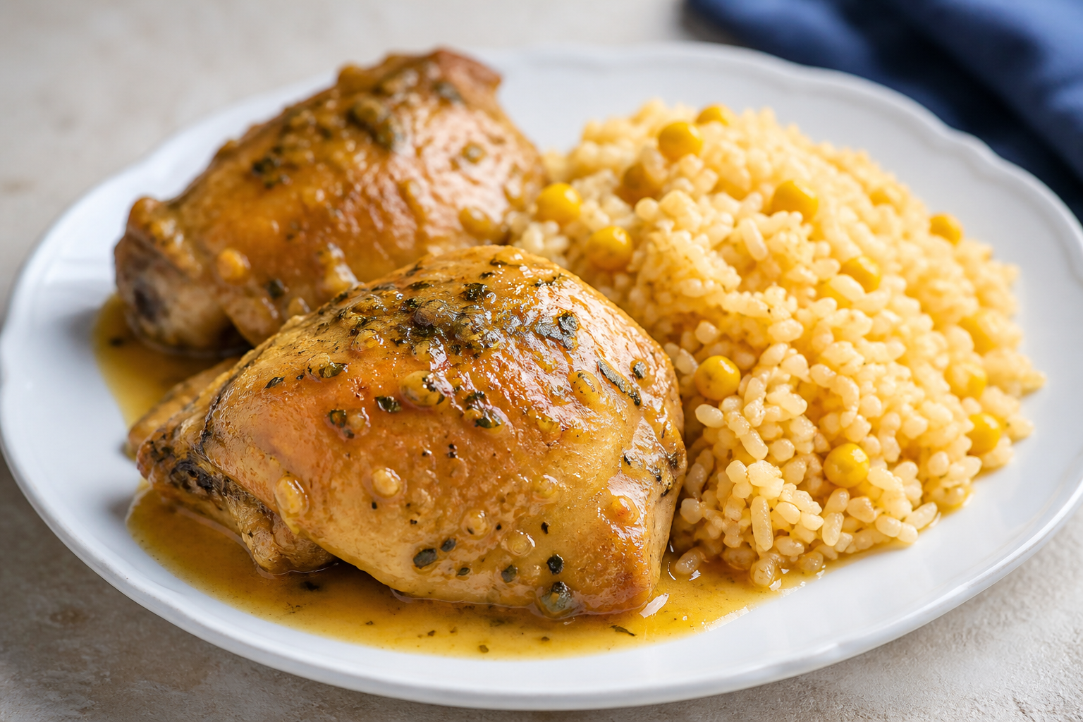 Pollo Dominicano en Salsa de Chinola y Tomillo con Arroz de Maíz Tostado