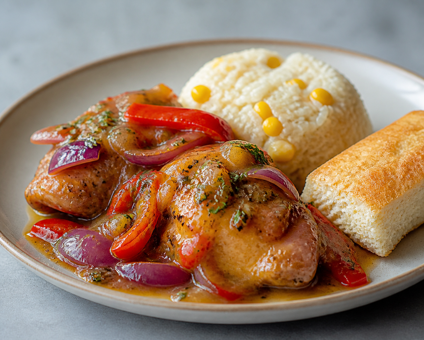 Pollo Dominicano en Salsa de Chinola y Tomillo con Arroz Cremoso de Maíz y Tostaditas de Casabe