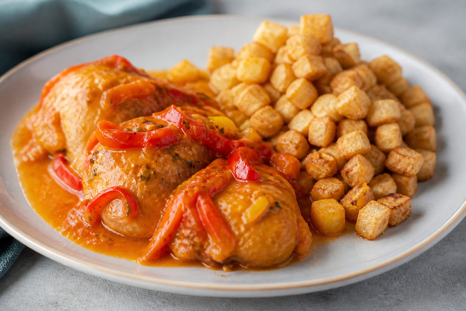 Dominican Chicken in Passion Fruit and Sweet Pepper Sauce with Crispy Golden Taro Hash