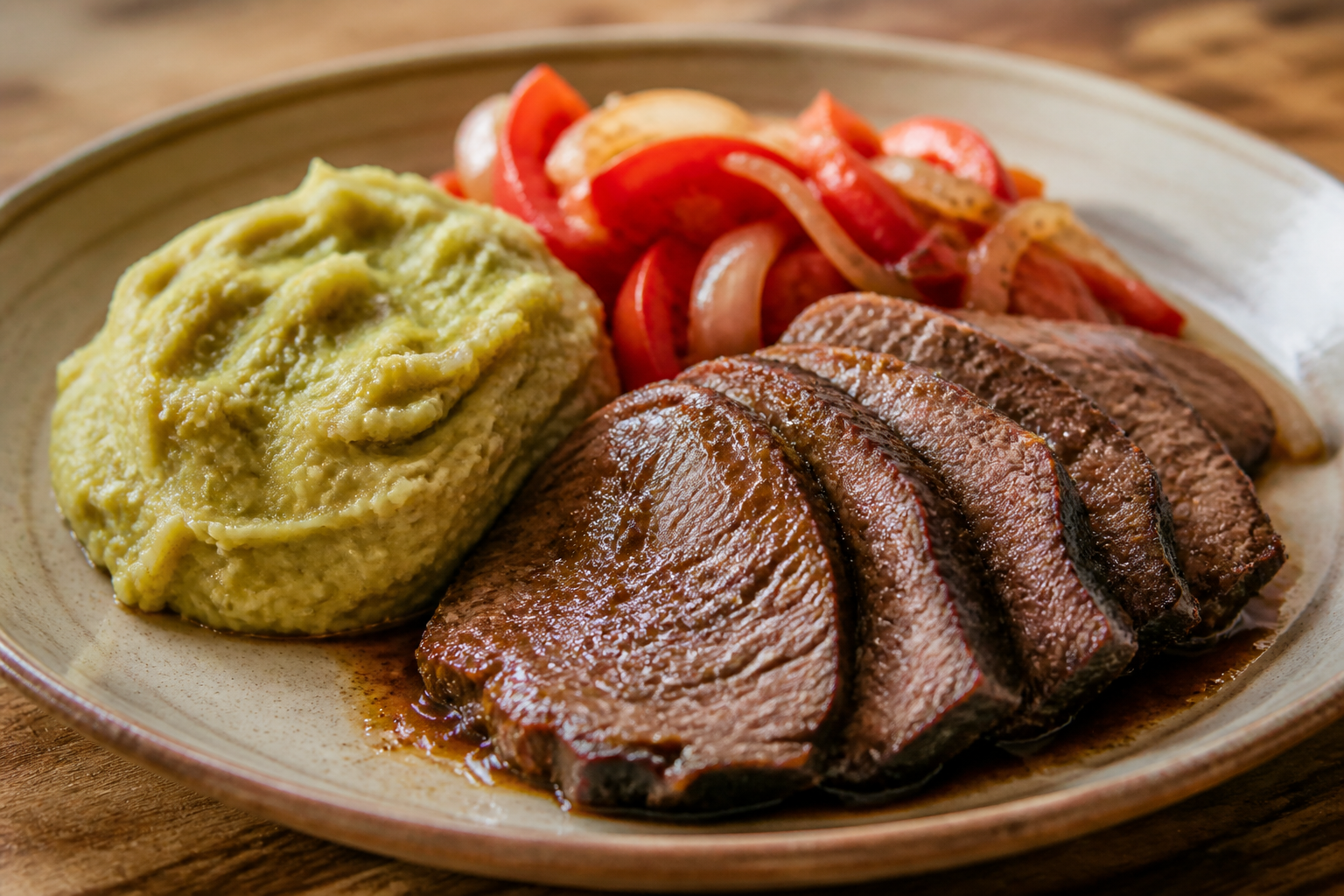 Colombian coffee-braised beef roast with rustic green plantain mash and warm tomato salad