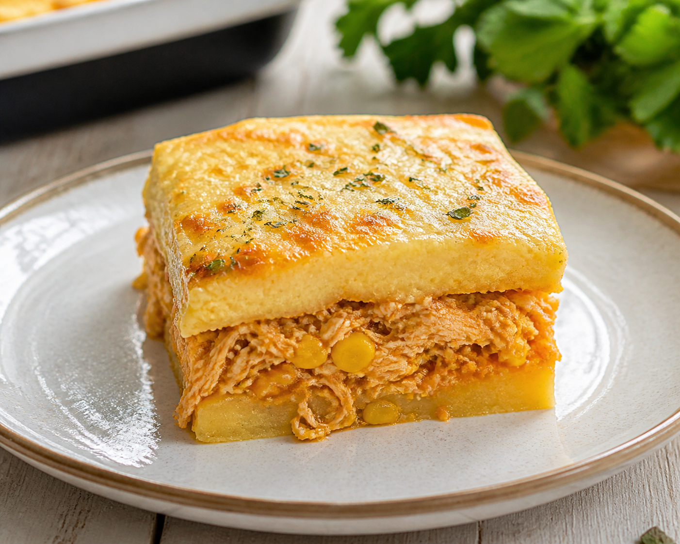 Pastelón Dominicano de Yuca con Pollo Guisado, Maíz Tierno y Queso al Orégano