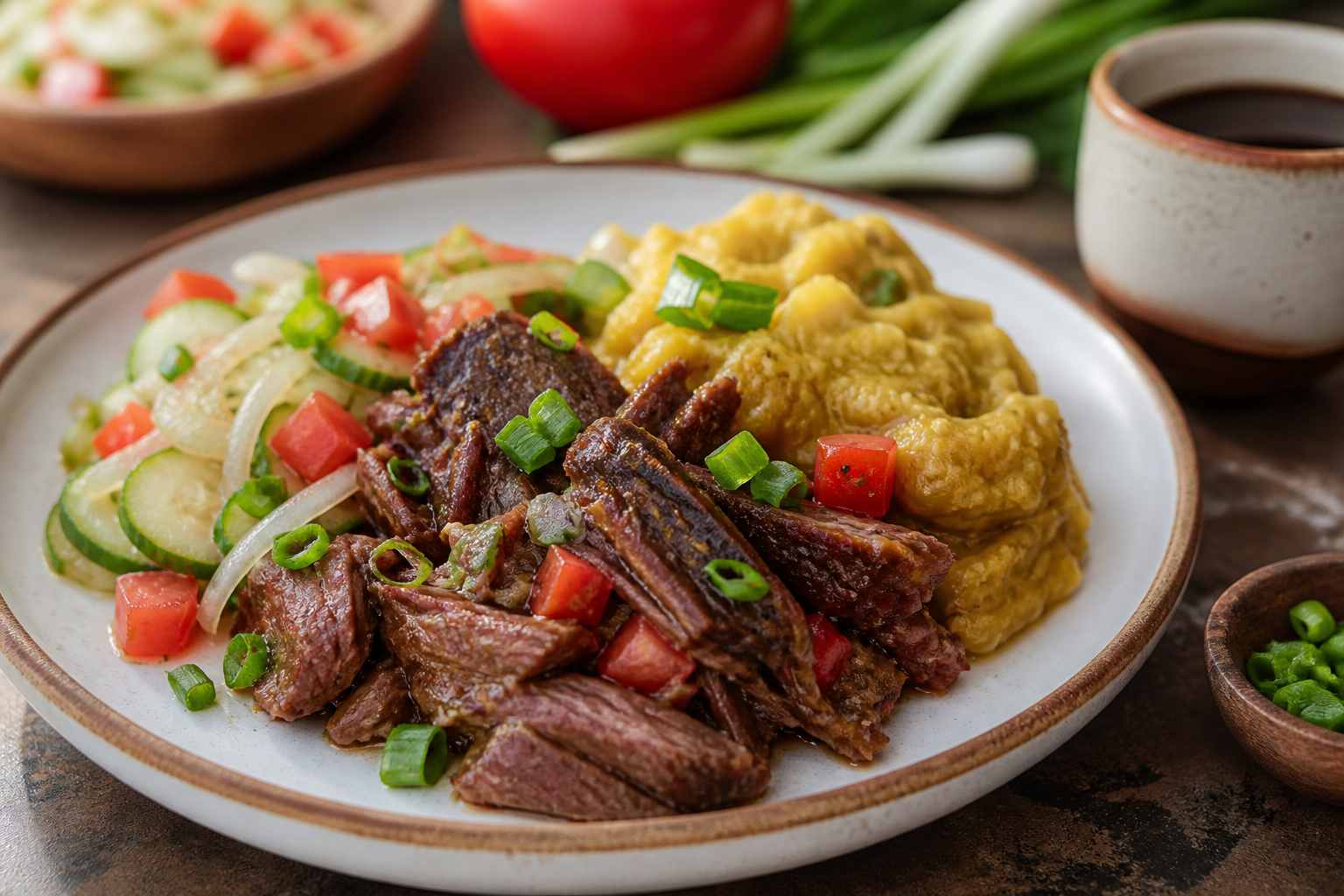 Posta de Res al Café de Olla con Puré de Plátano Verde y Ensalada Templada de Pepino y Cebolla