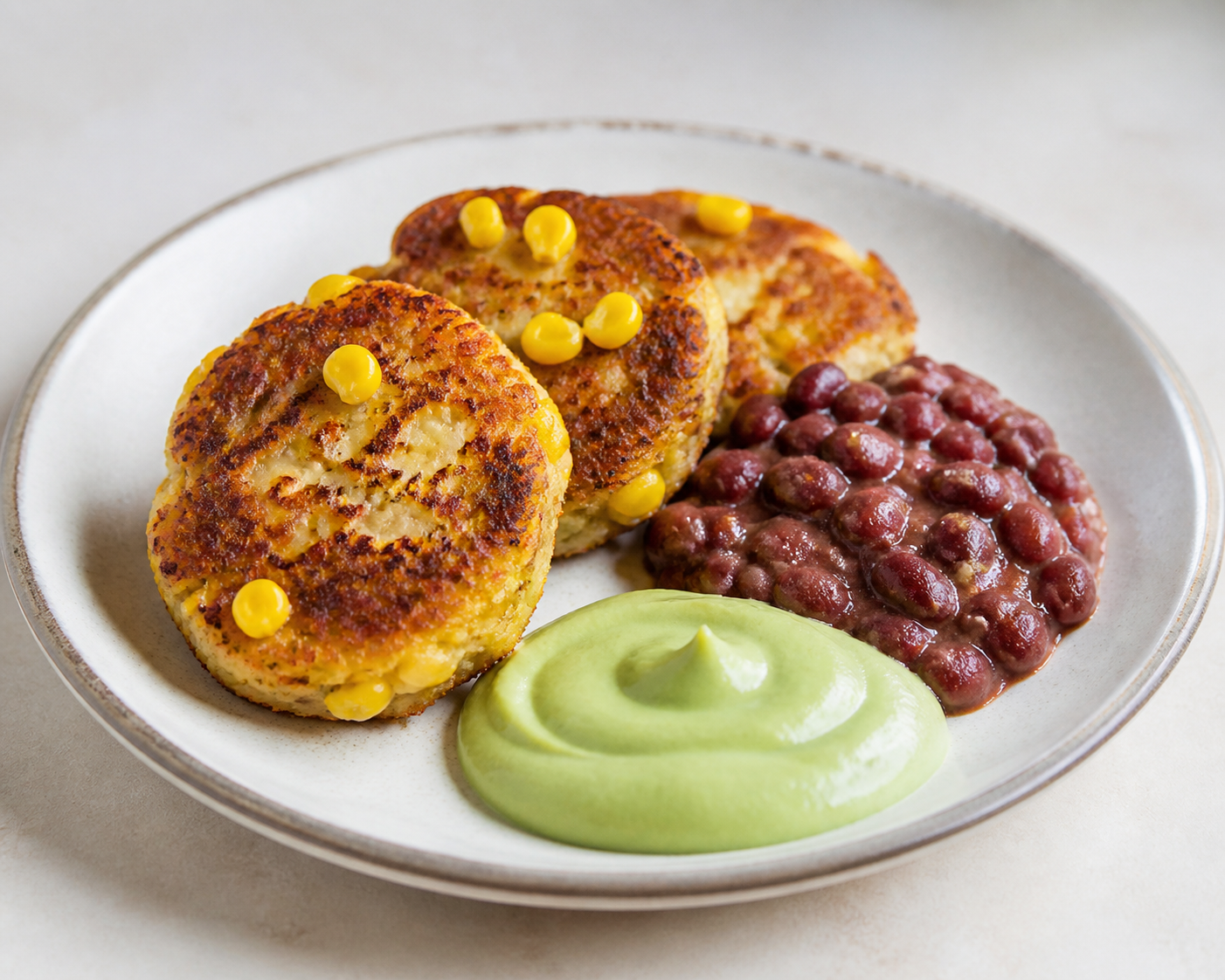 Criollo Taro-Corn Fritters with Spiced Red Beans and Avocado Cream