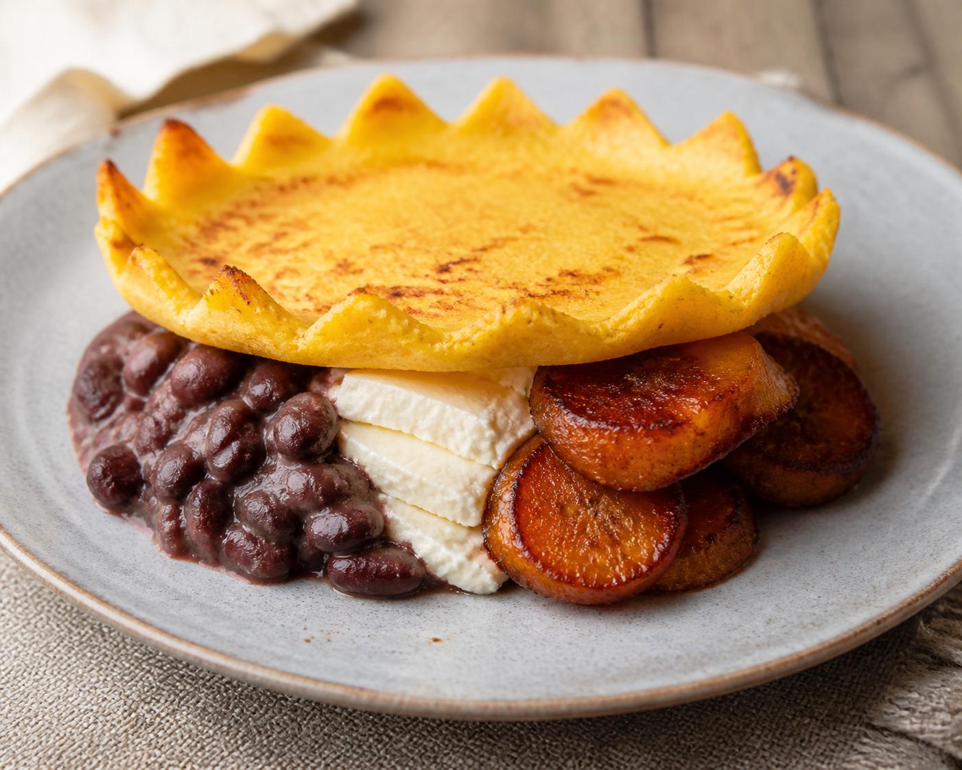 Ocumo and Corn Crown Arepa with Creamy Red Beans, Spiced Sweet Plantains, and Fresh Cheese