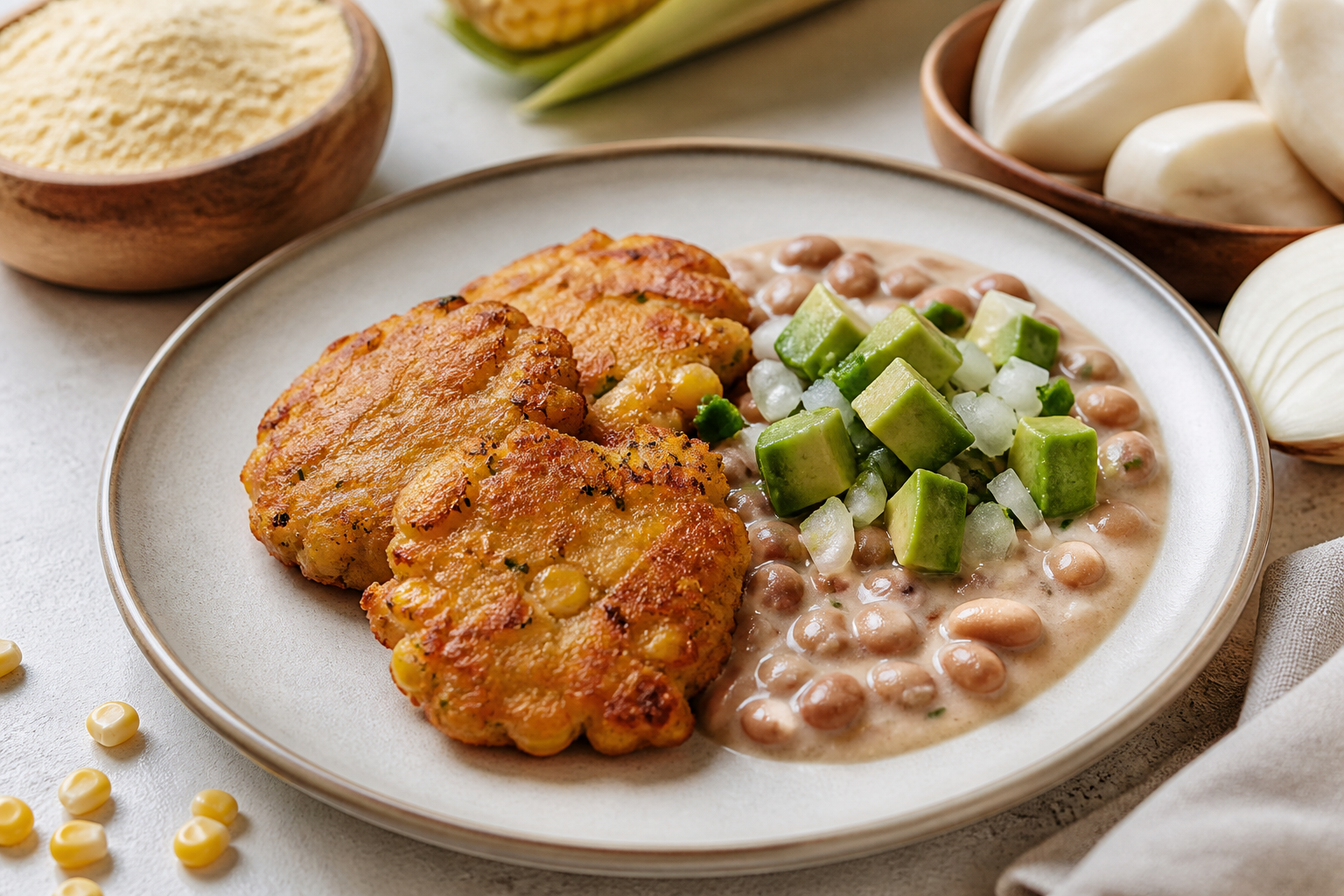 Torrejas de Ocumo y Maíz con Caraotas Cremosas al Coco y Pico de Aguacate