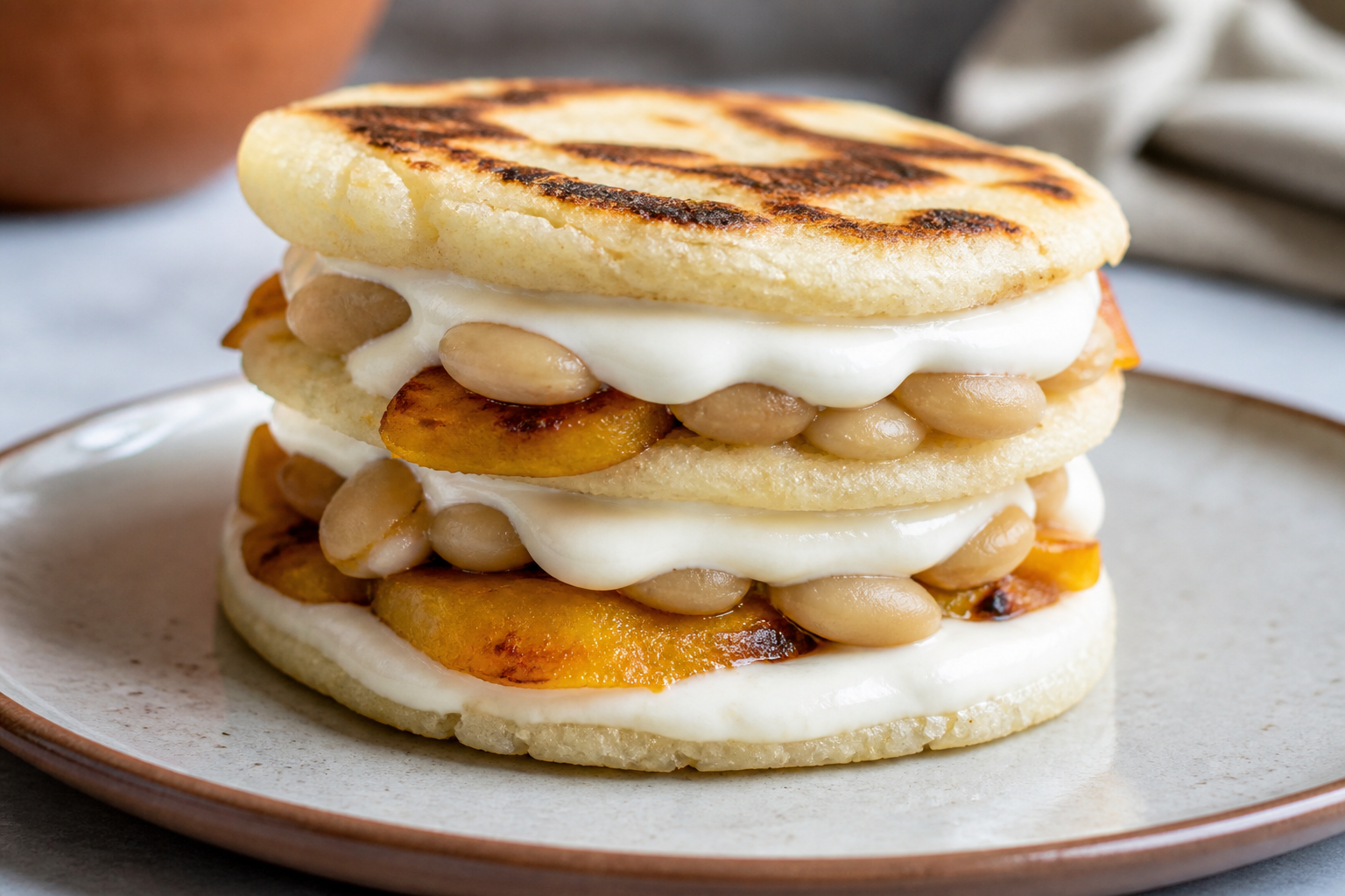 Caracas-Style Arepa Mille-Feuille with Butter Beans, Plantain and Queso de Mano Cream
