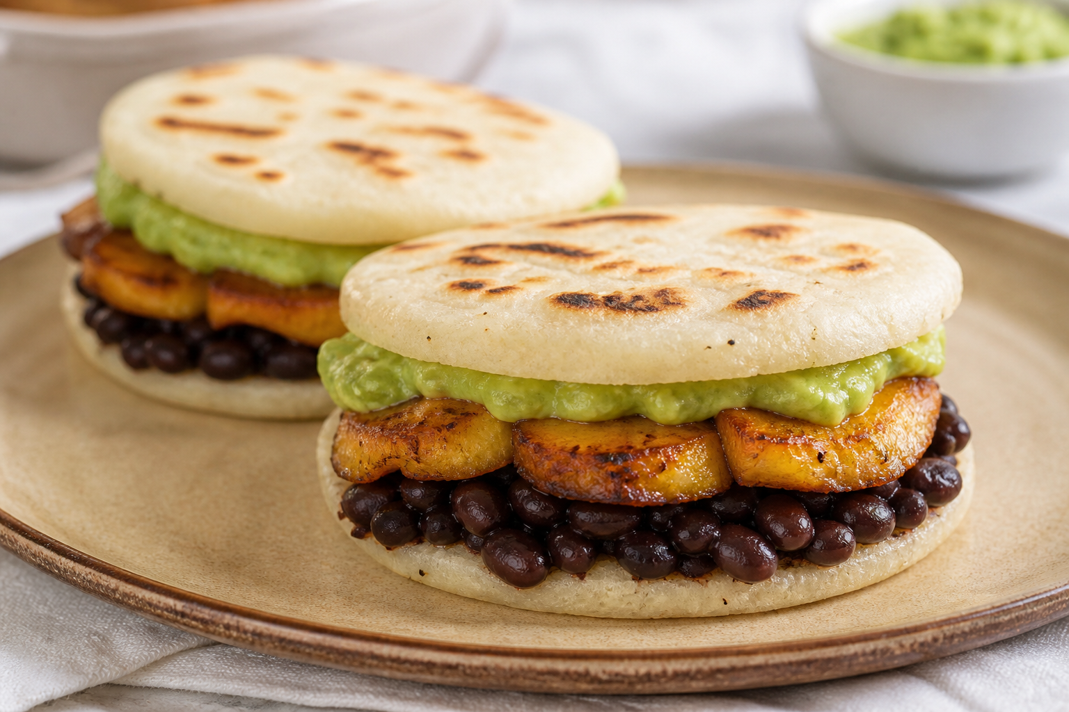 Alfajores Salados de Arepa con Caraotas Negras, Plátano Asado y Crema de Aguacate