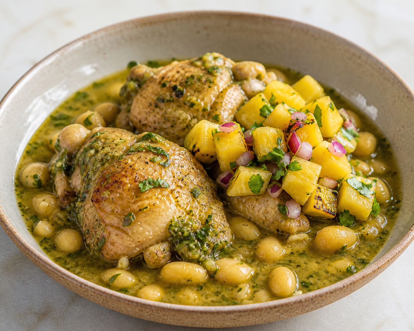 Northern-Style Cilantro Chicken Stew with Creamy Canary Beans and Grilled Pineapple Salsa Criolla
