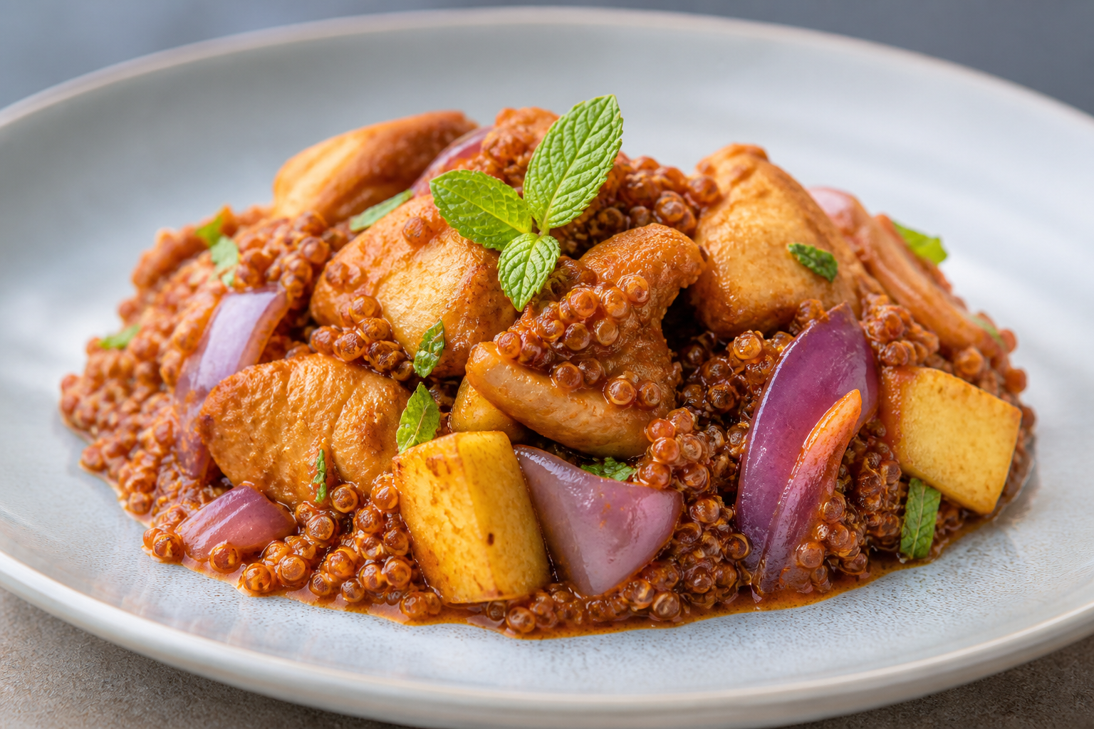 Carapulcra de Quinua Roja con Pollo al Ají Panca, Manzana y Hierbabuena