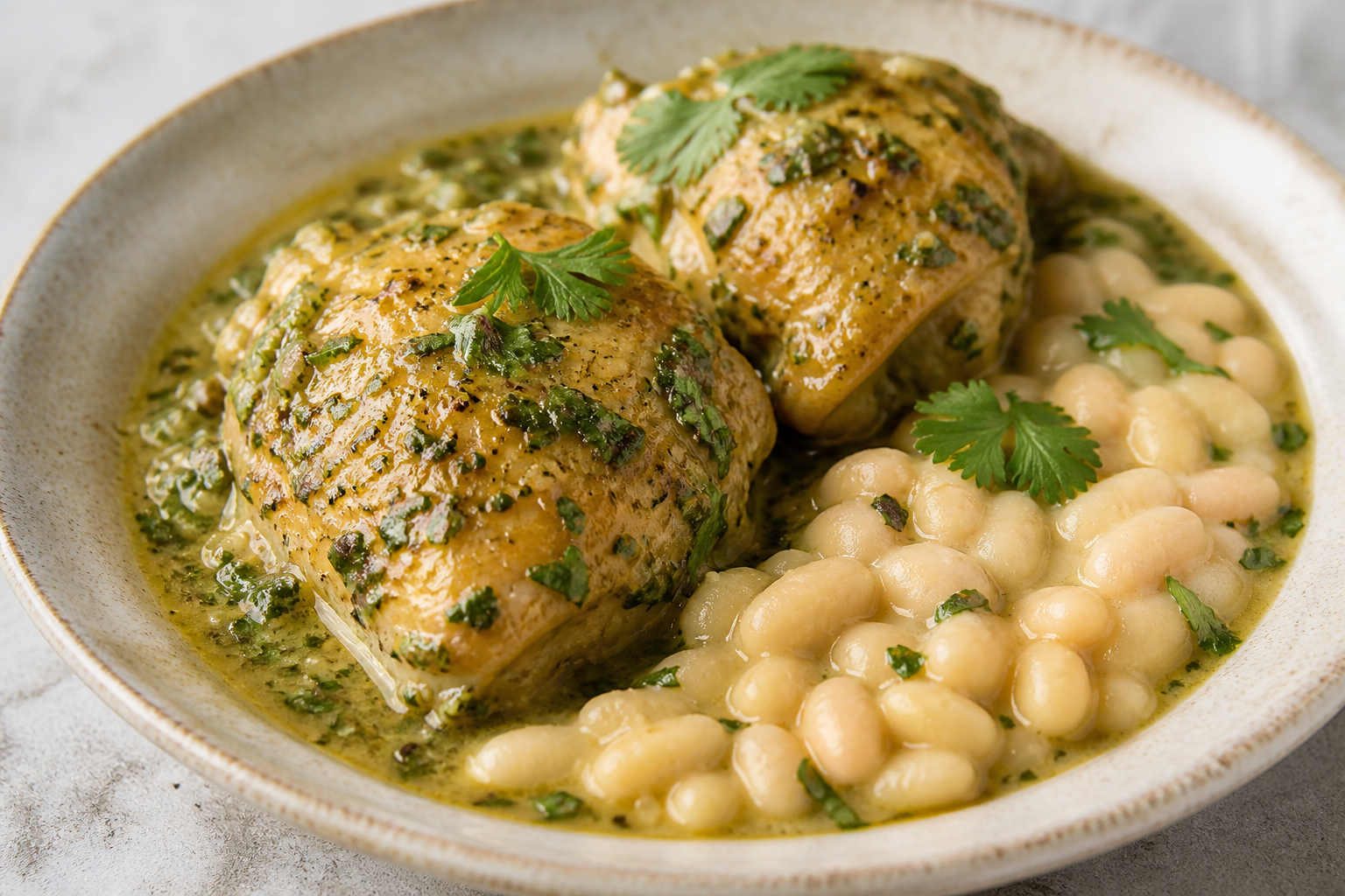 Passion Fruit and Cilantro Peruvian Chicken Stew with Creamy Canary Beans