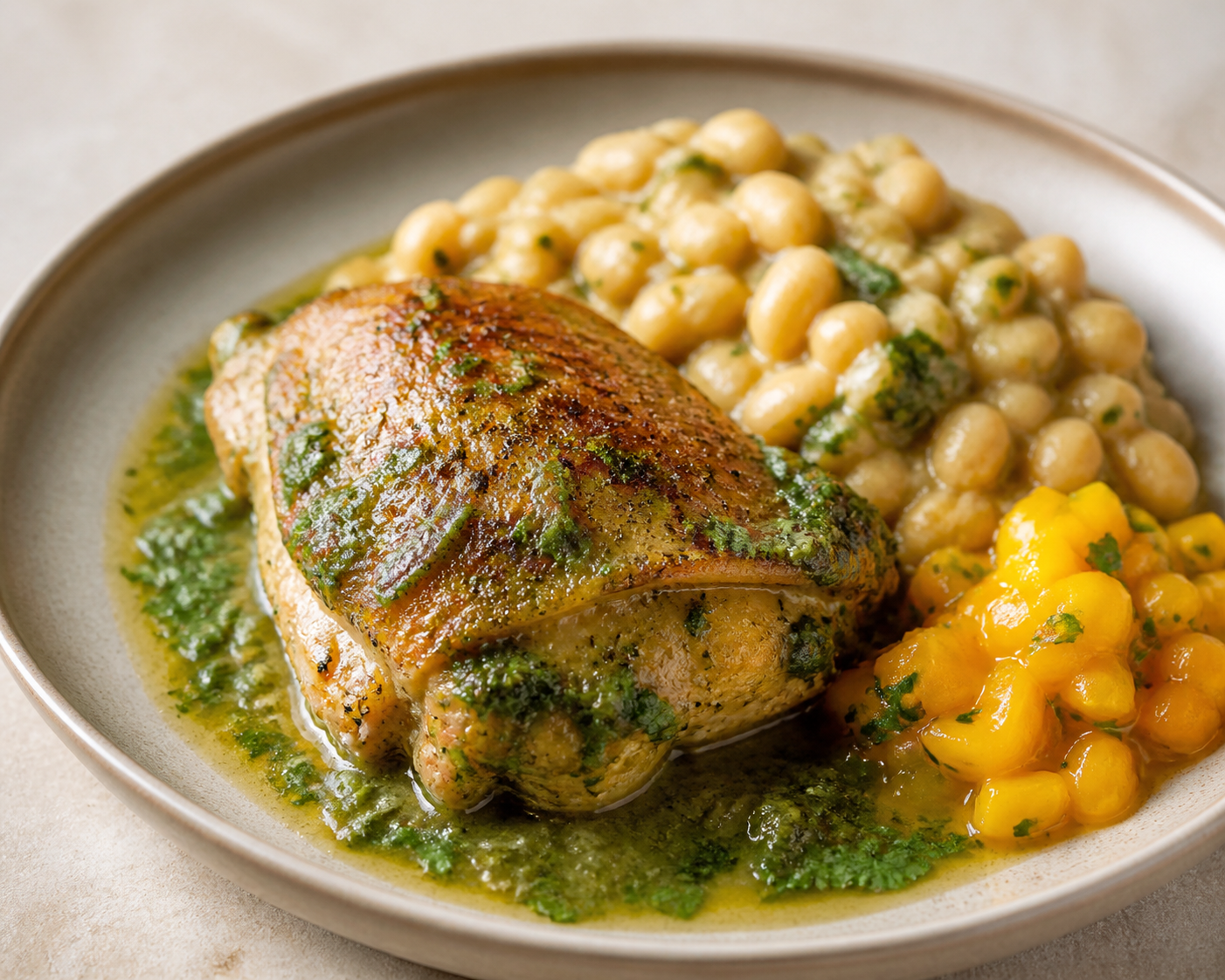 Northern-Style Cilantro Chicken Stew with Creamy Canary Beans and Pineapple Ají Amarillo Relish