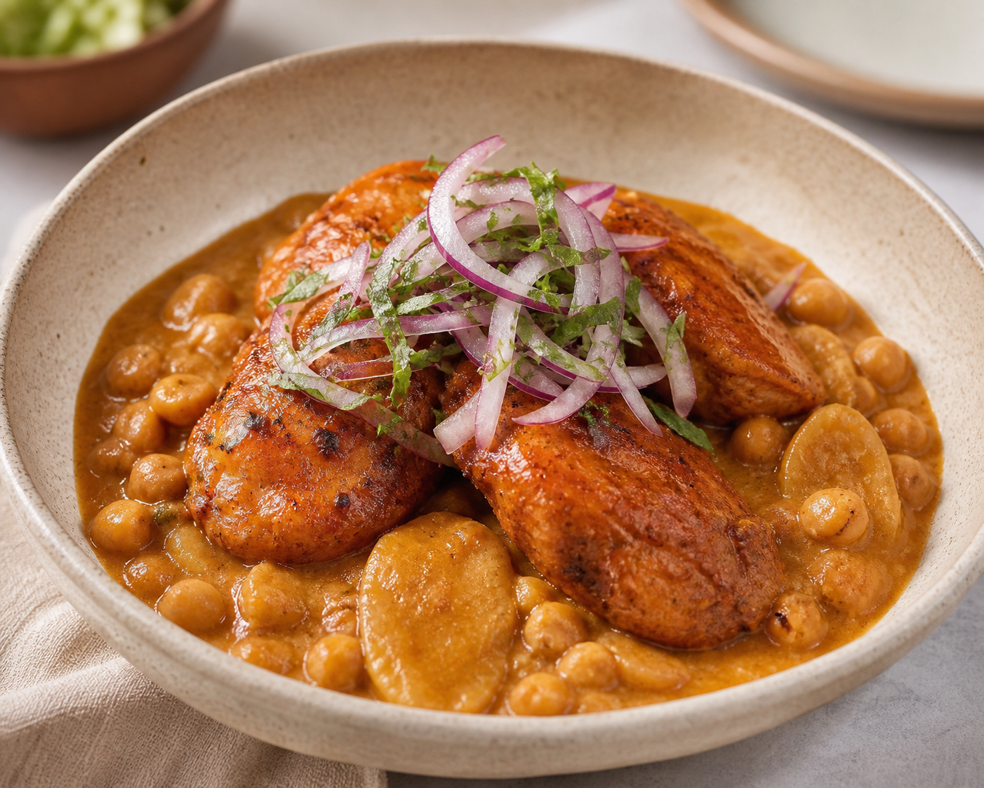 Creamy Chickpea Carapulcra with Aji Panca Chicken and Pickled Herb Onion