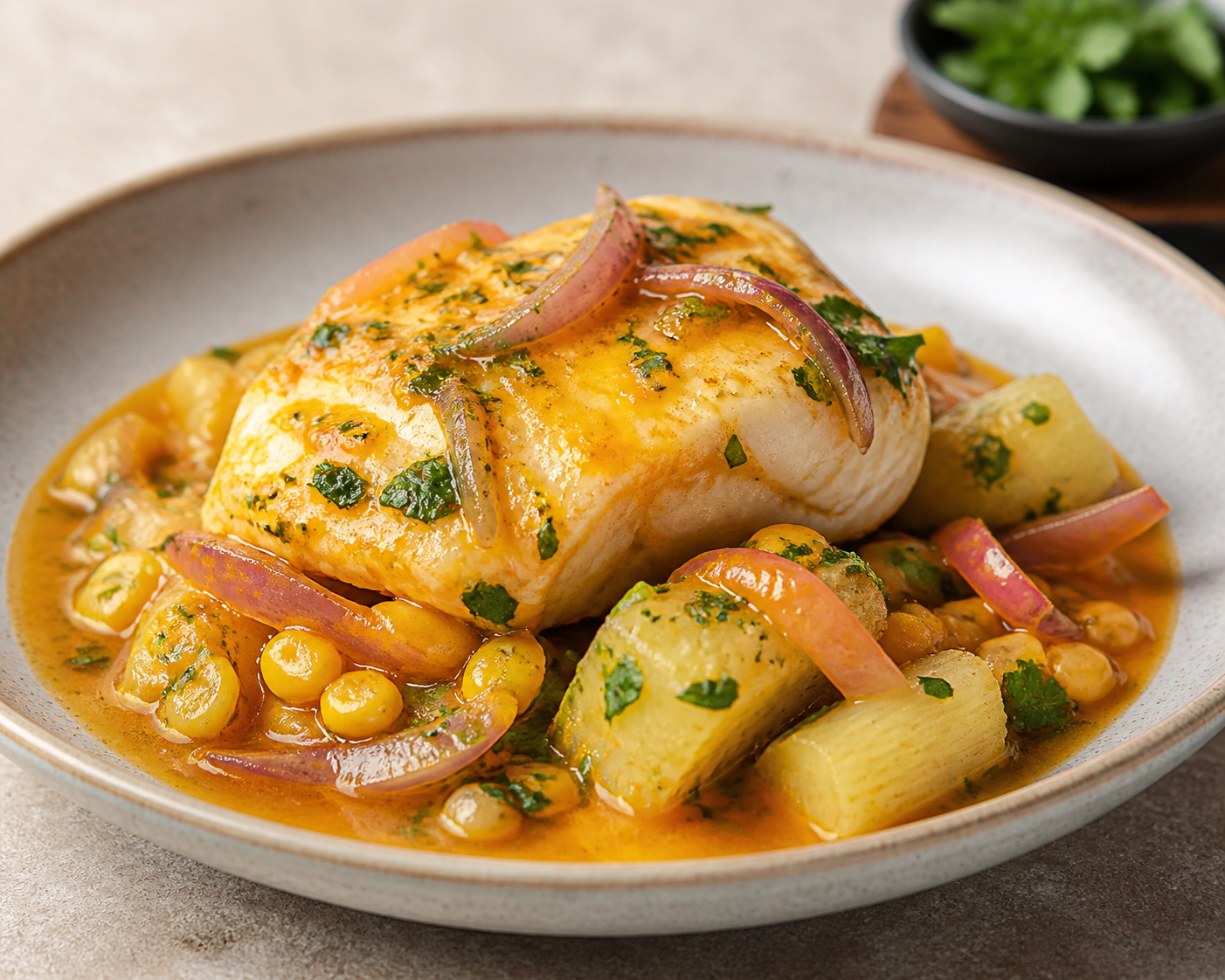Sudado Criollo de Pescado con Choclo Tierno, Ají Amarillo y Yuca al Cilantro