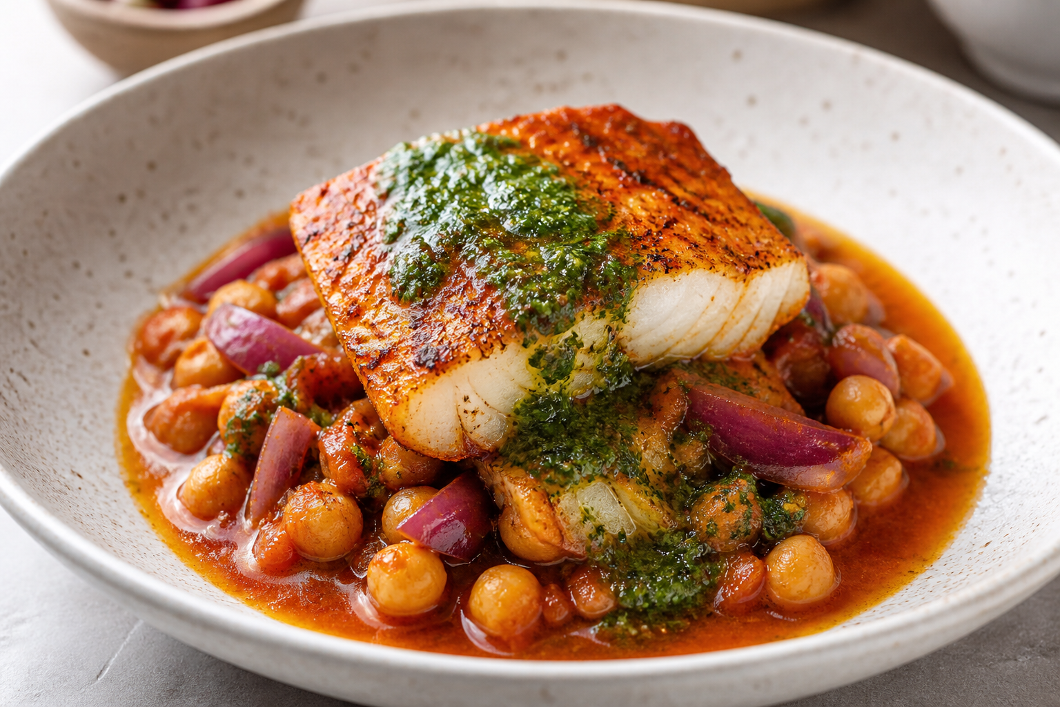 Cazuela Peruana de Garbanzos al Ají Panca con Pescado Dorado y Salsa de Hierbas