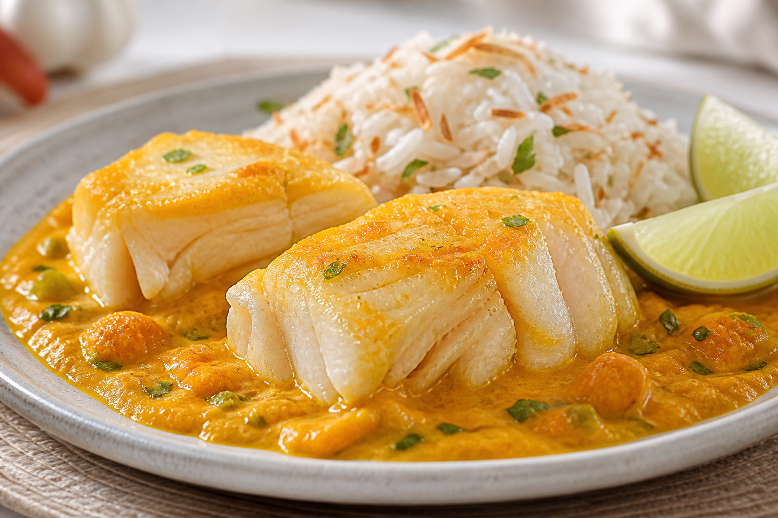 Bobó dorado de pescado y calabaza con arroz de coco tostado