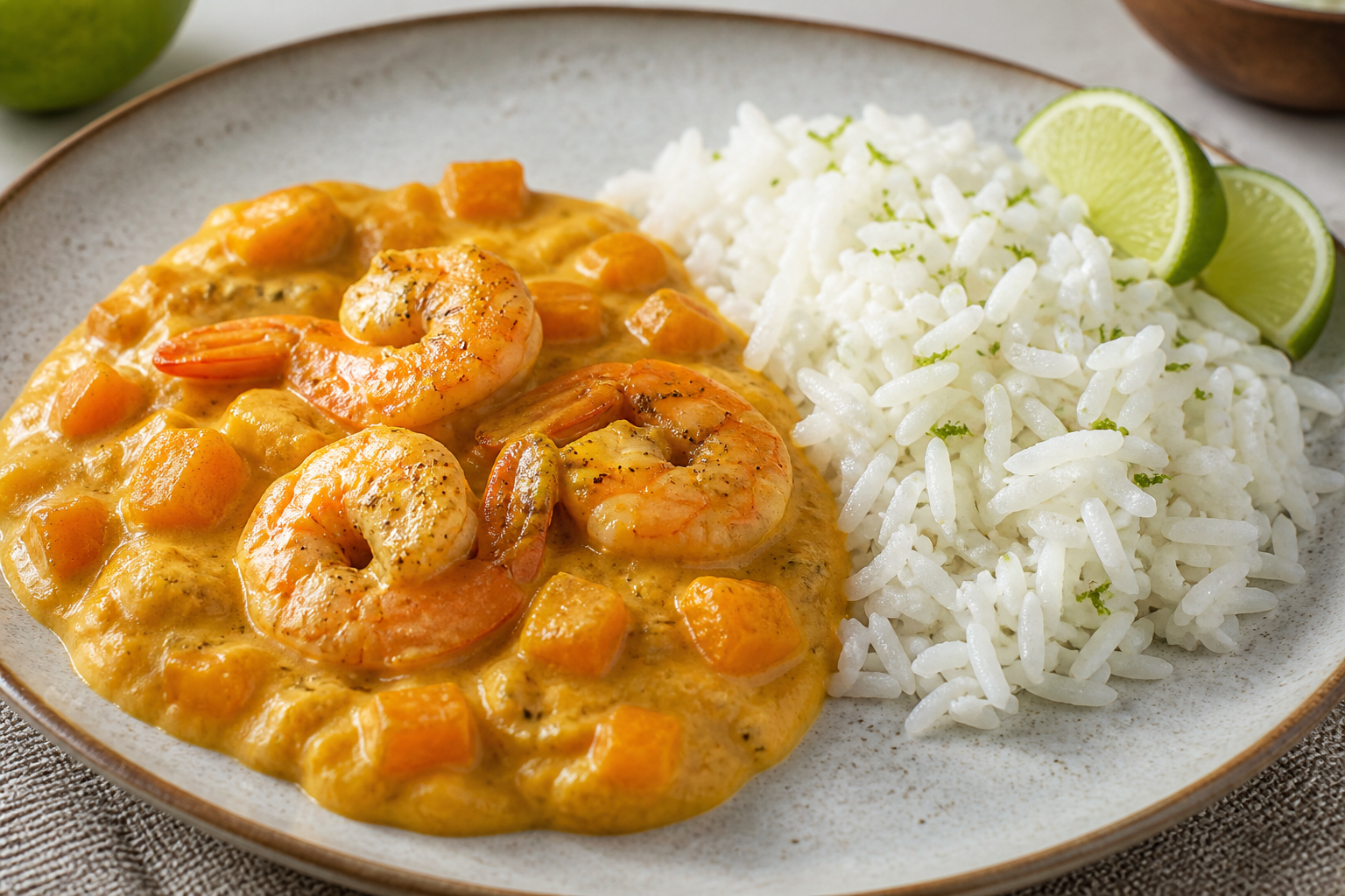 Golden Shrimp and Pumpkin Bobó with Coconut Lime Rice