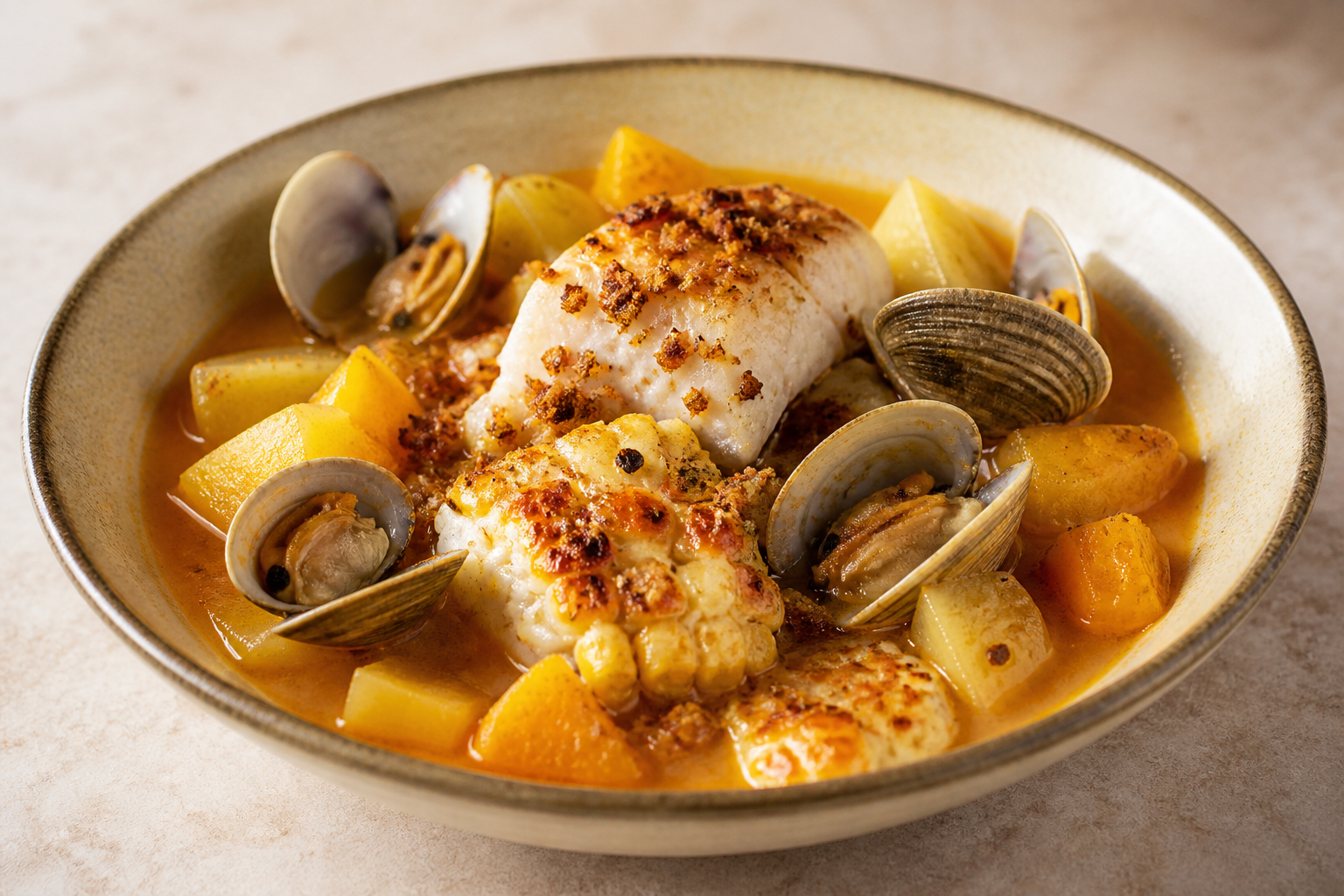 Cazuela Gratinada de Choclo, Reineta y Almejas con Migas de Marraqueta al Merkén