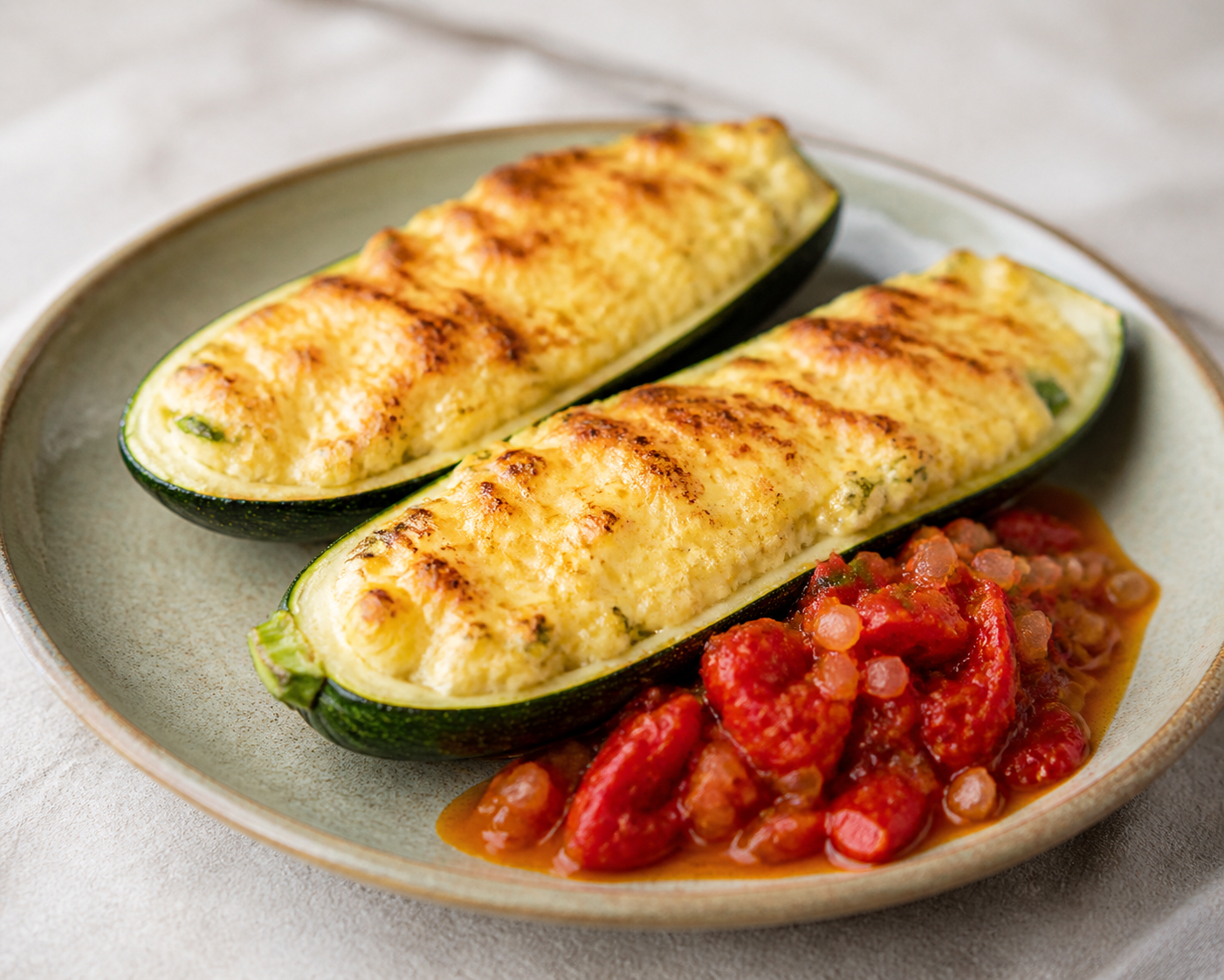 Gratinated Humitas in Zucchini Boats with Warm Roasted Tomato Pebre