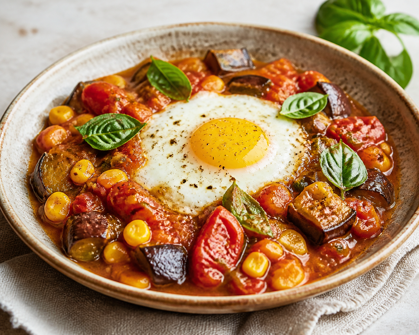 Chilean Tomato Stew with Roasted Eggplant, Corn and Basil, topped with Skillet Egg