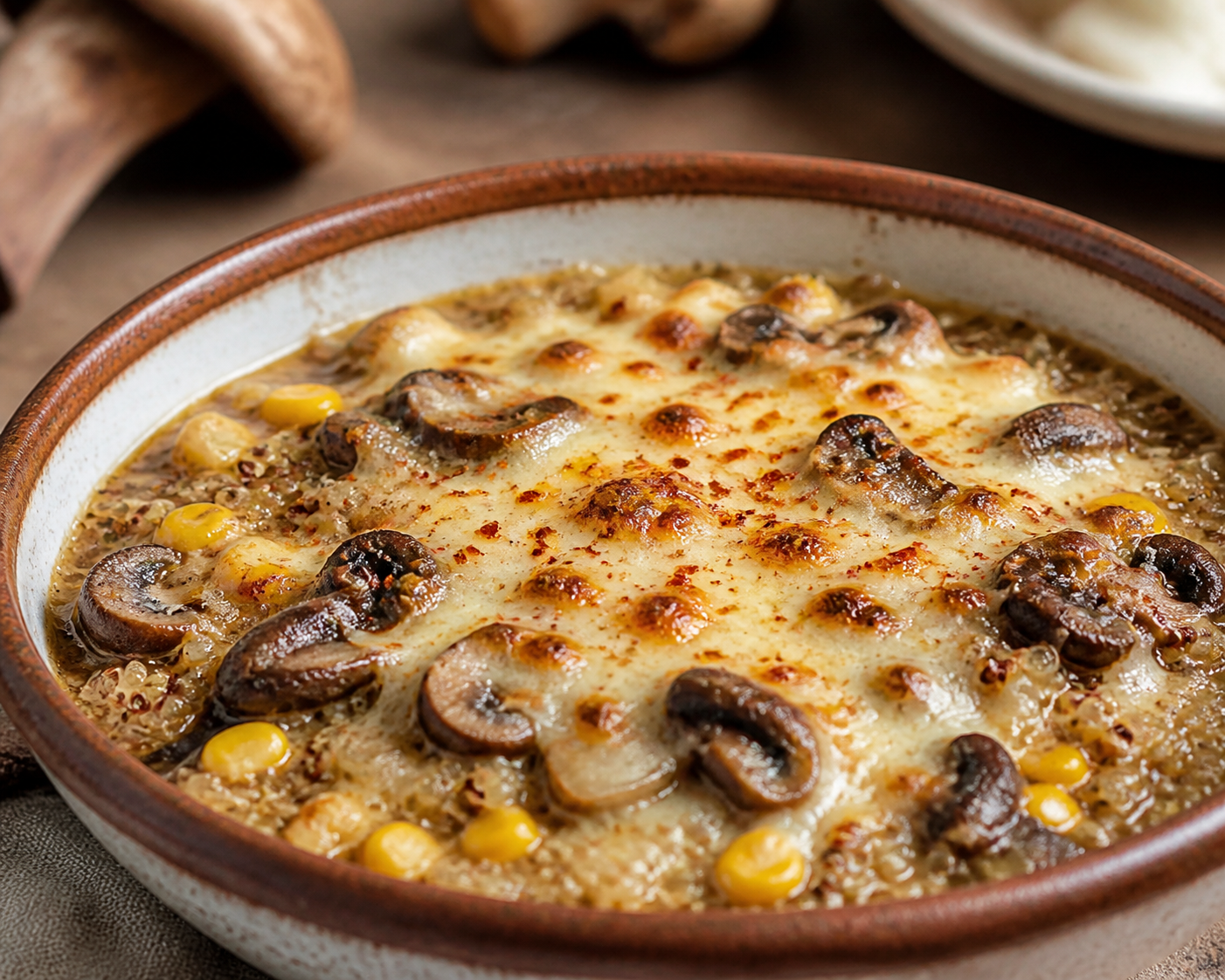 Cazuela Gratén de Quínoa, Choclo y Champiñones al Merkén con Queso Chanco