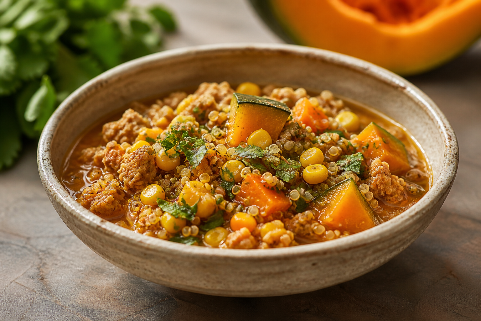 Hearty Chilean Quinoa, Roasted Corn and Turkey Stew with Basil Pebre