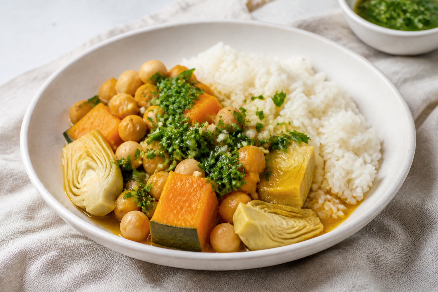 Chilean Chickpea, Artichoke and Squash Stew with Mint Pebre