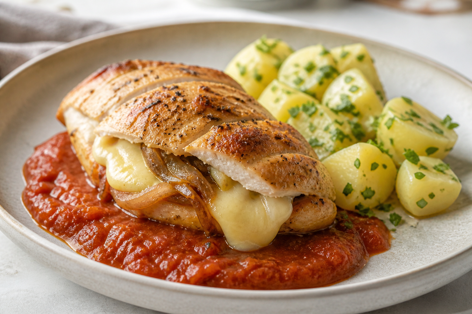 Chicken supreme stuffed with provoleta and caramelized onion with warm roasted tomato sauce and parsley potato salad
