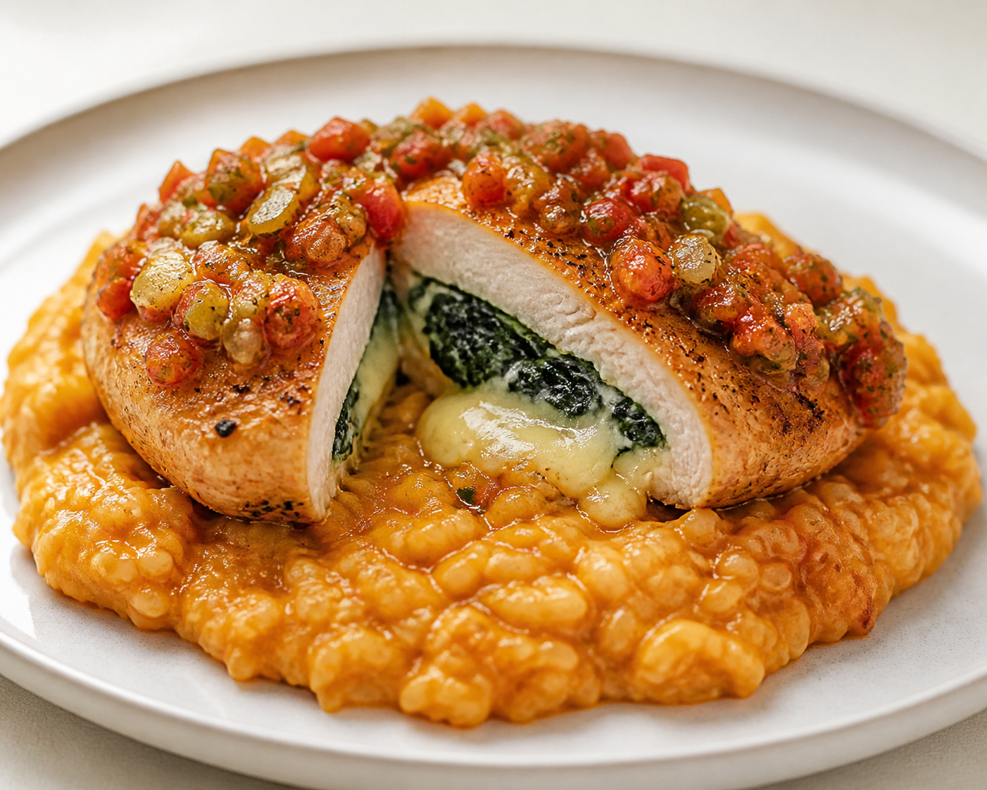 Suprema rellena con provoleta y espinaca sobre arroz cremoso de calabaza y salsa criolla tibia