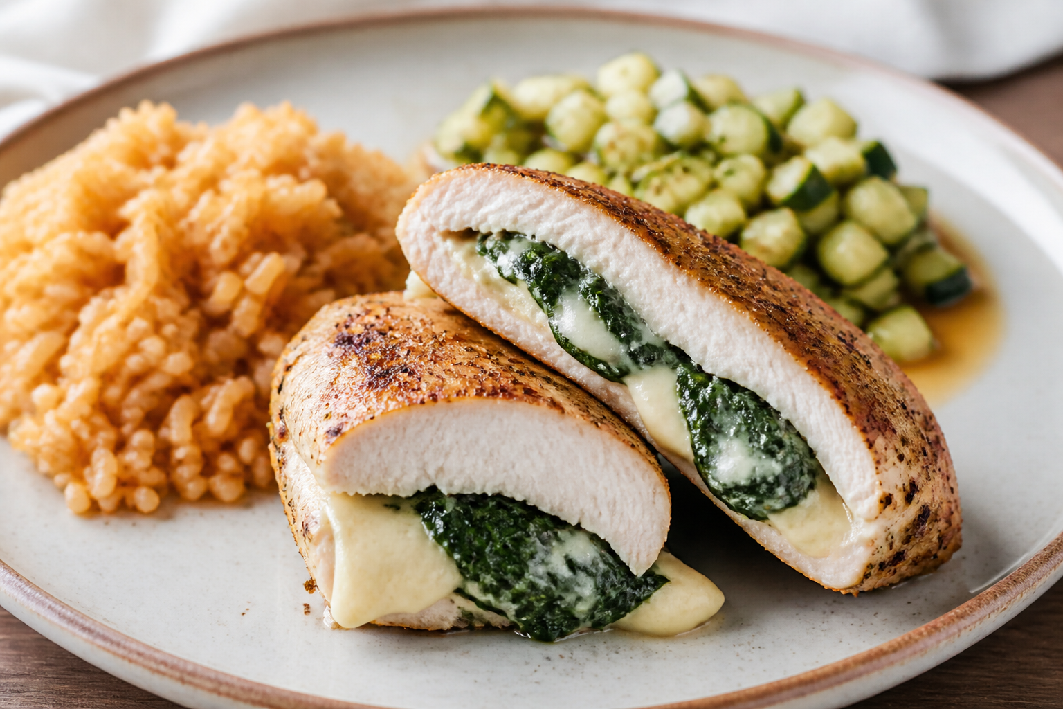 Suprema rellena de provoleta y espinaca con arroz tostado al tomate y criolla tibia de zucchini