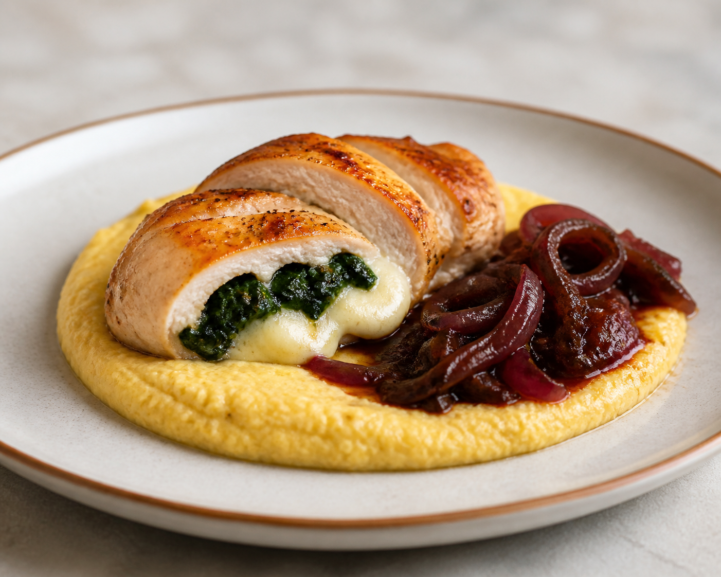 Chicken supreme stuffed with provoleta and spinach with rustic corn cream and wine-braised onions