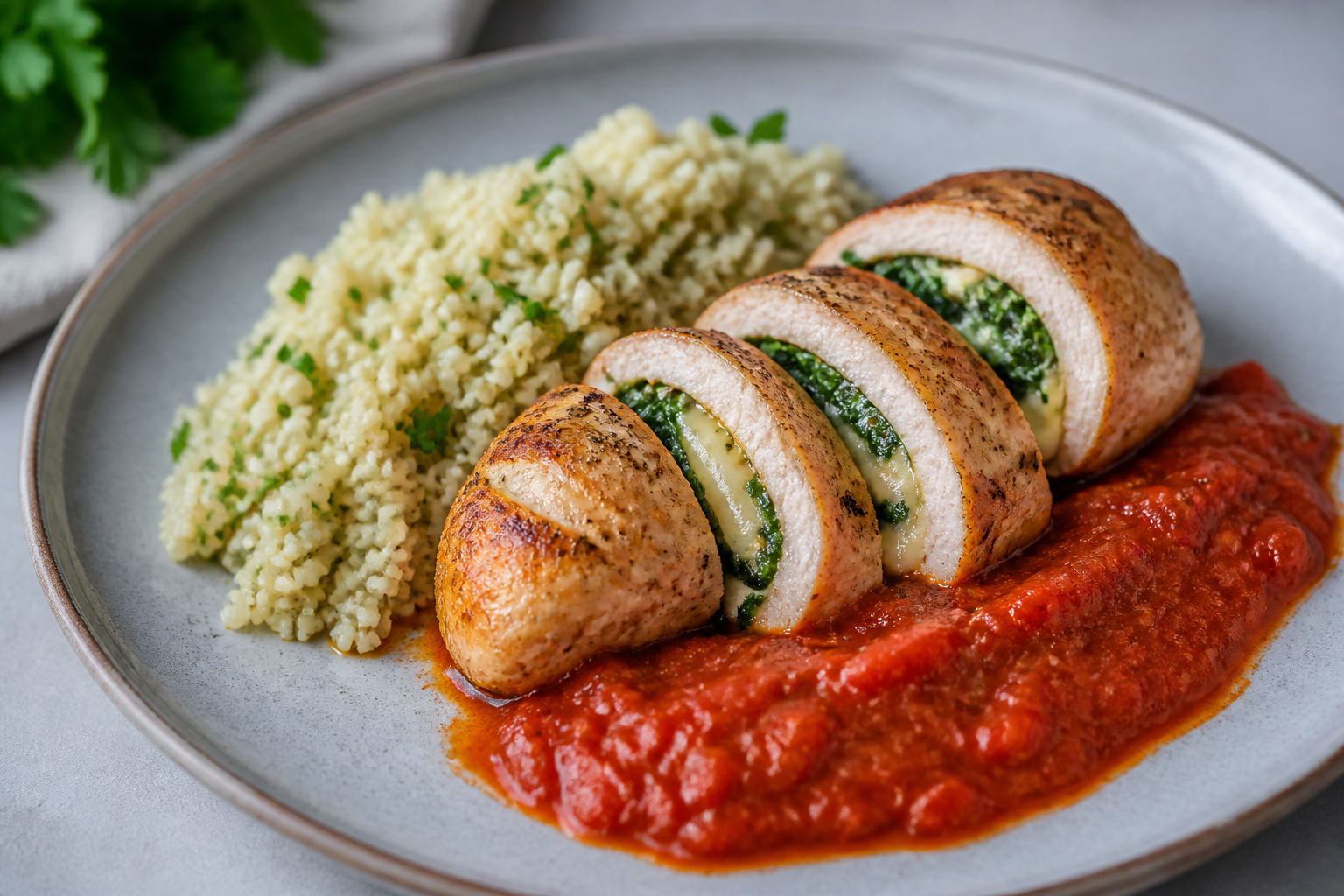 Chicken supreme stuffed with provolone and spinach with warm roasted tomato sauce and parsley bulgur