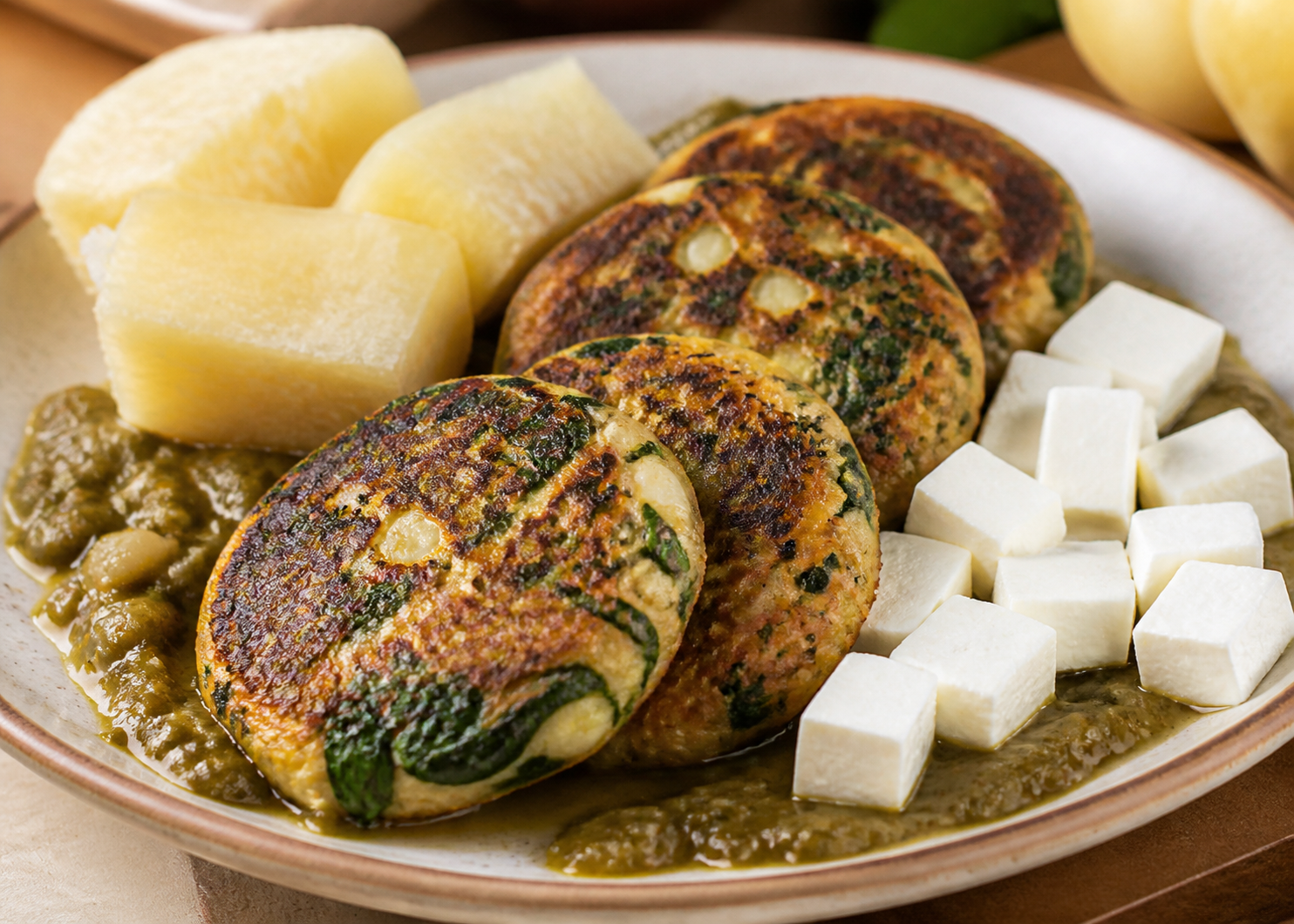 Salvadoran yuca and spinach patties with queso duro blando and roasted green chile tomato sauce