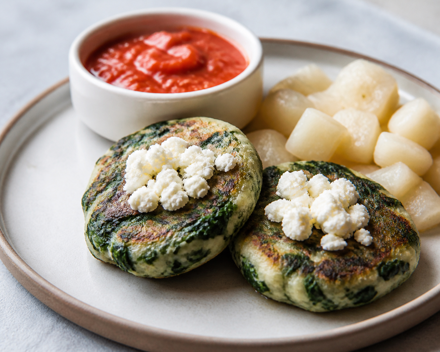 Tortitas salvadoreñas de yuca y espinaca con queso fresco y salsa de tomate asado al comino