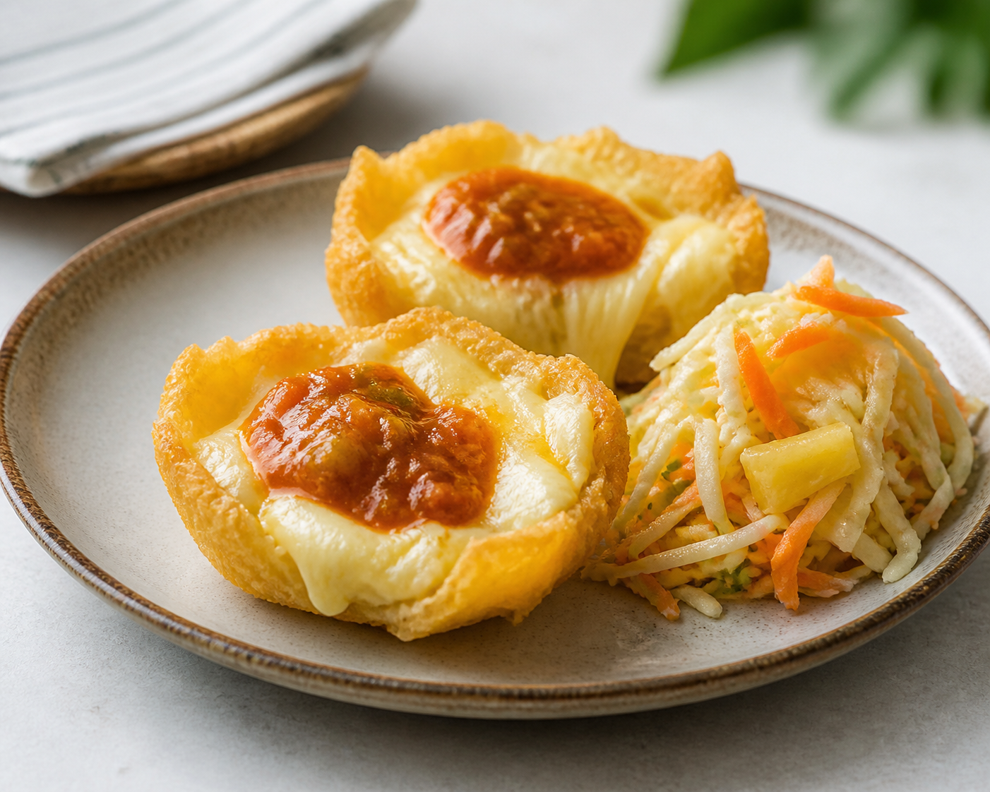 Salvadoran yuca and cheese baskets with pineapple slaw and green chile tomato sauce