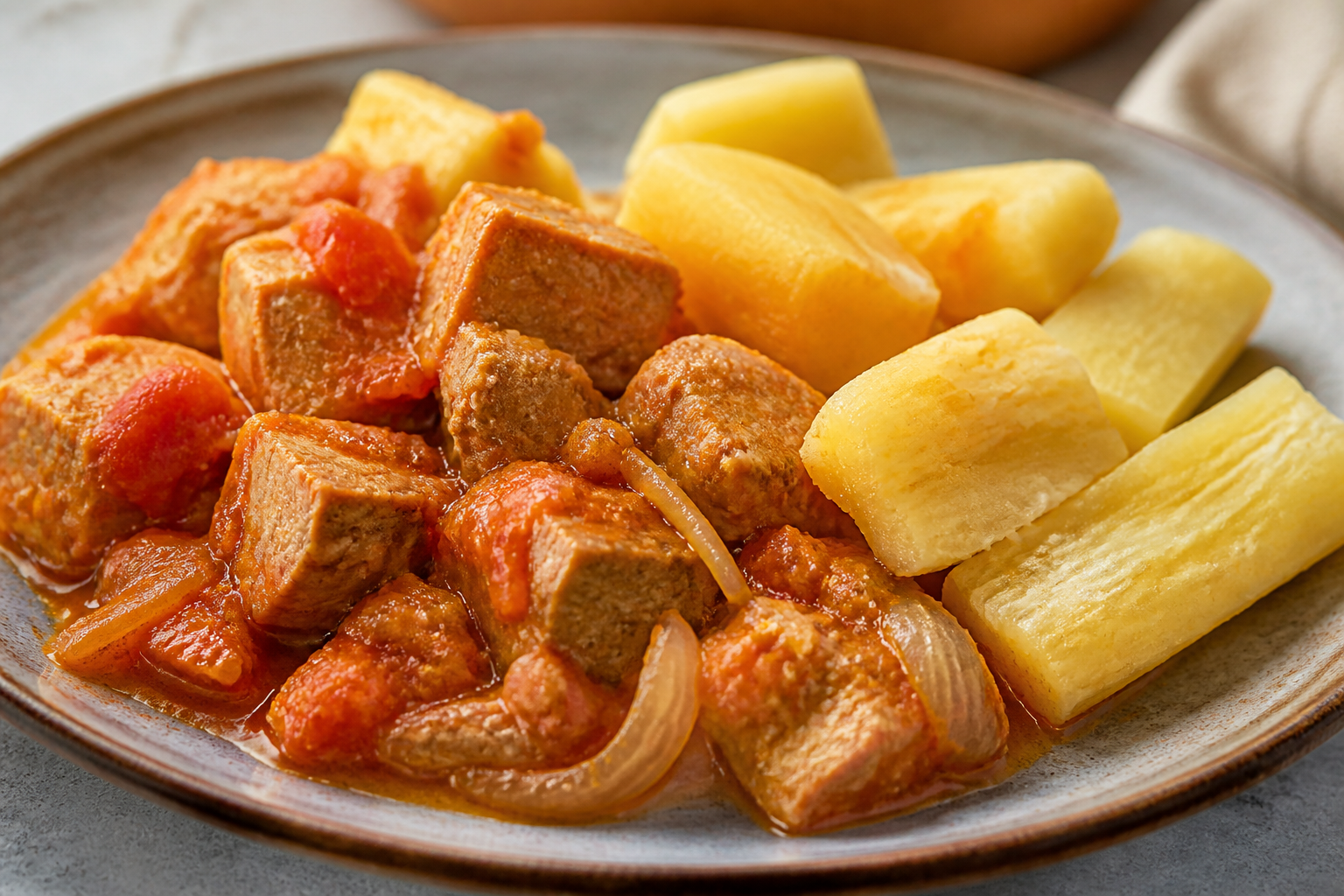 Honduran Pork in Tomato, Peanut and Mint Recado with Roasted Cassava